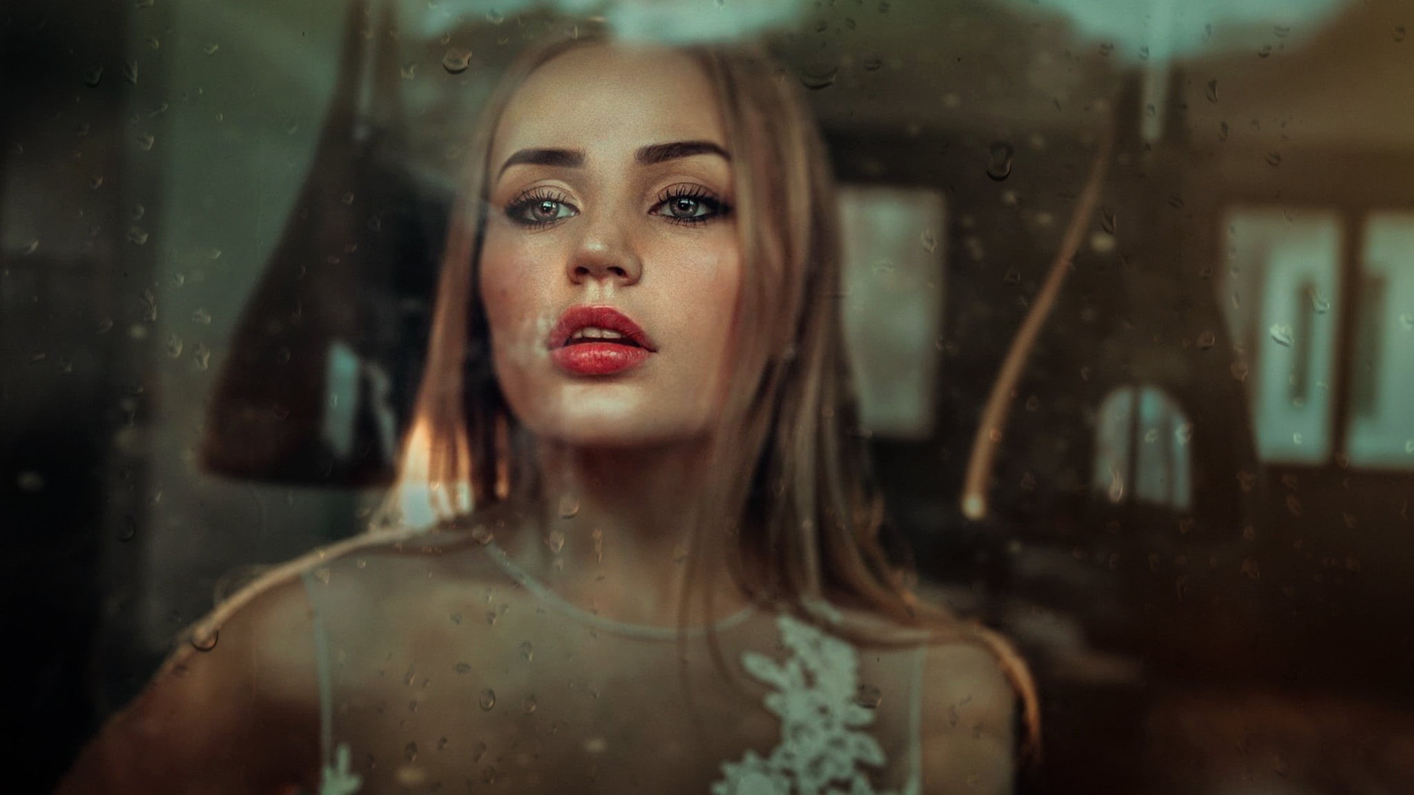 portrait, contemplation, beautiful woman, water on glass, hairstyle, young women, looking, one person, face, 1080P, women, red lipstick, looking away, HD Wallpaper