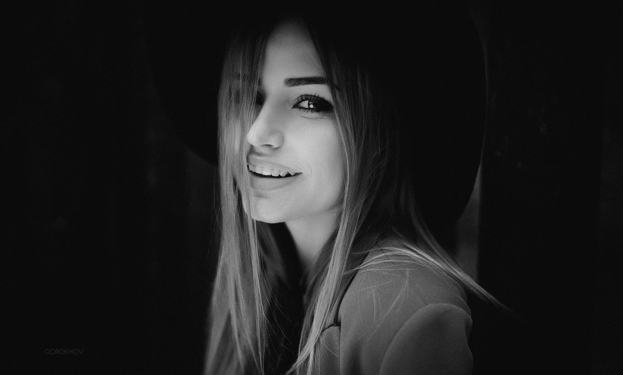 Maria Puchnina, hat, millinery, women, smiling, monochrome, portrait, Mary Jane, Ivan Gorokhov, face, 1080P, HD Wallpaper