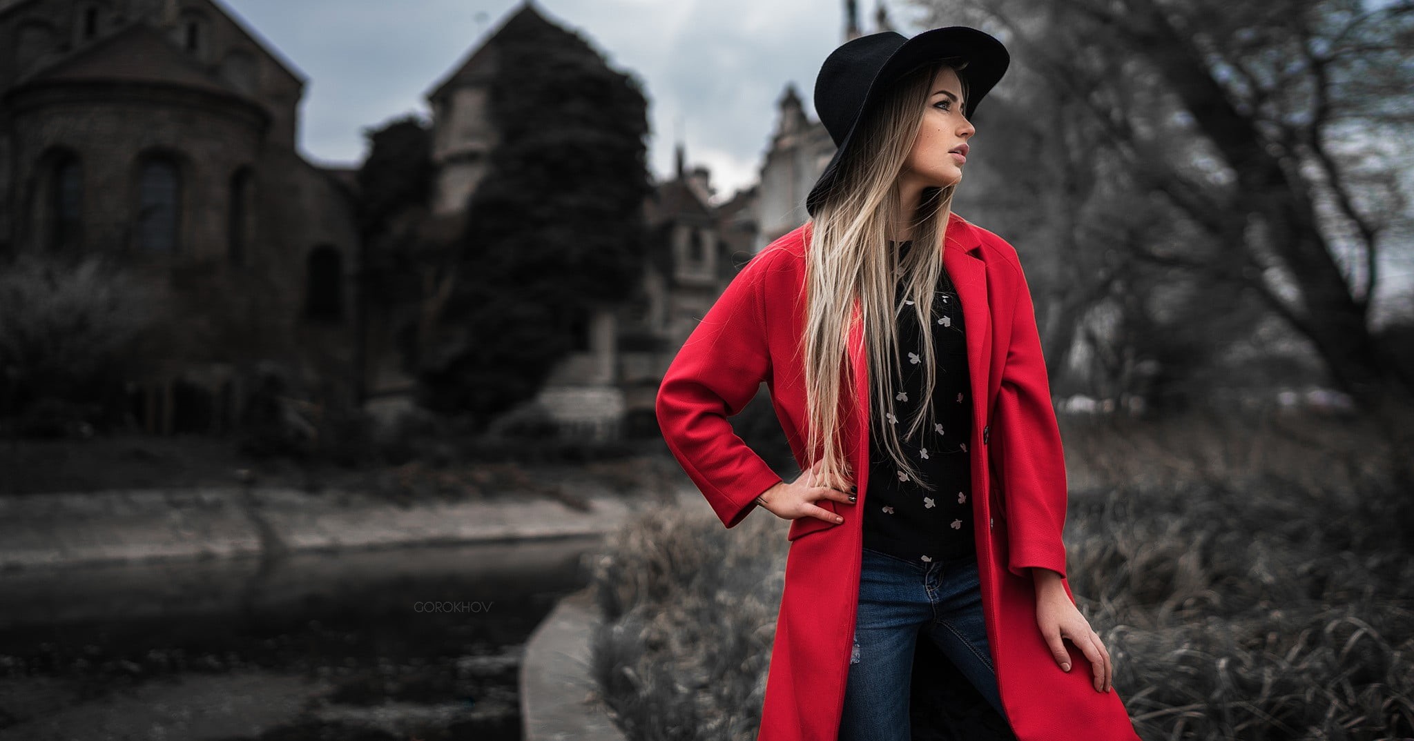 Ivan Gorokhov, pants, young adult, leisure activity, clothing, long hair, beautiful woman, jeans, hat, one person, 1080P, young women, looking away, outdoors, HD Wallpaper