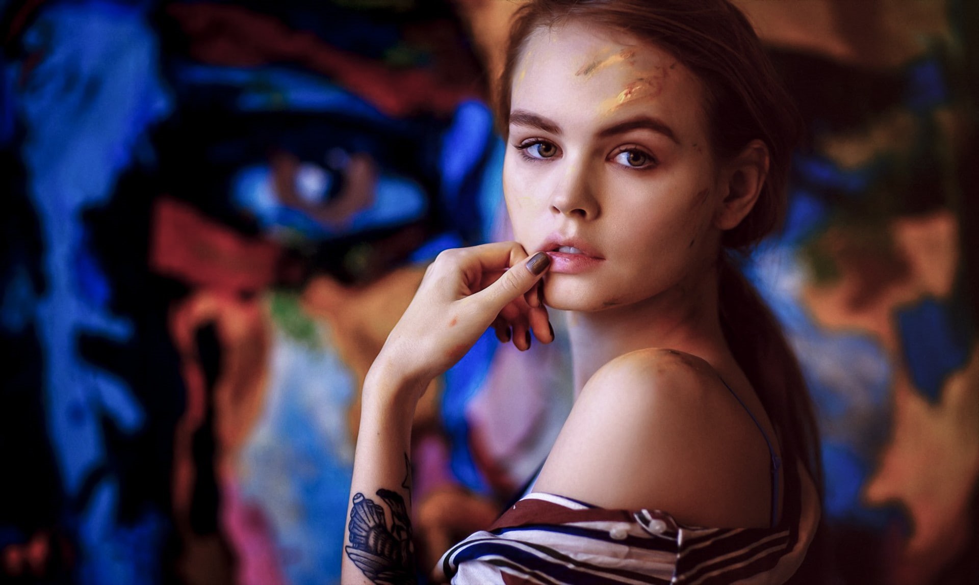 1080P, tattoo, portrait, Anastasia Scheglova, model, women, finger on lips, face, HD Wallpaper