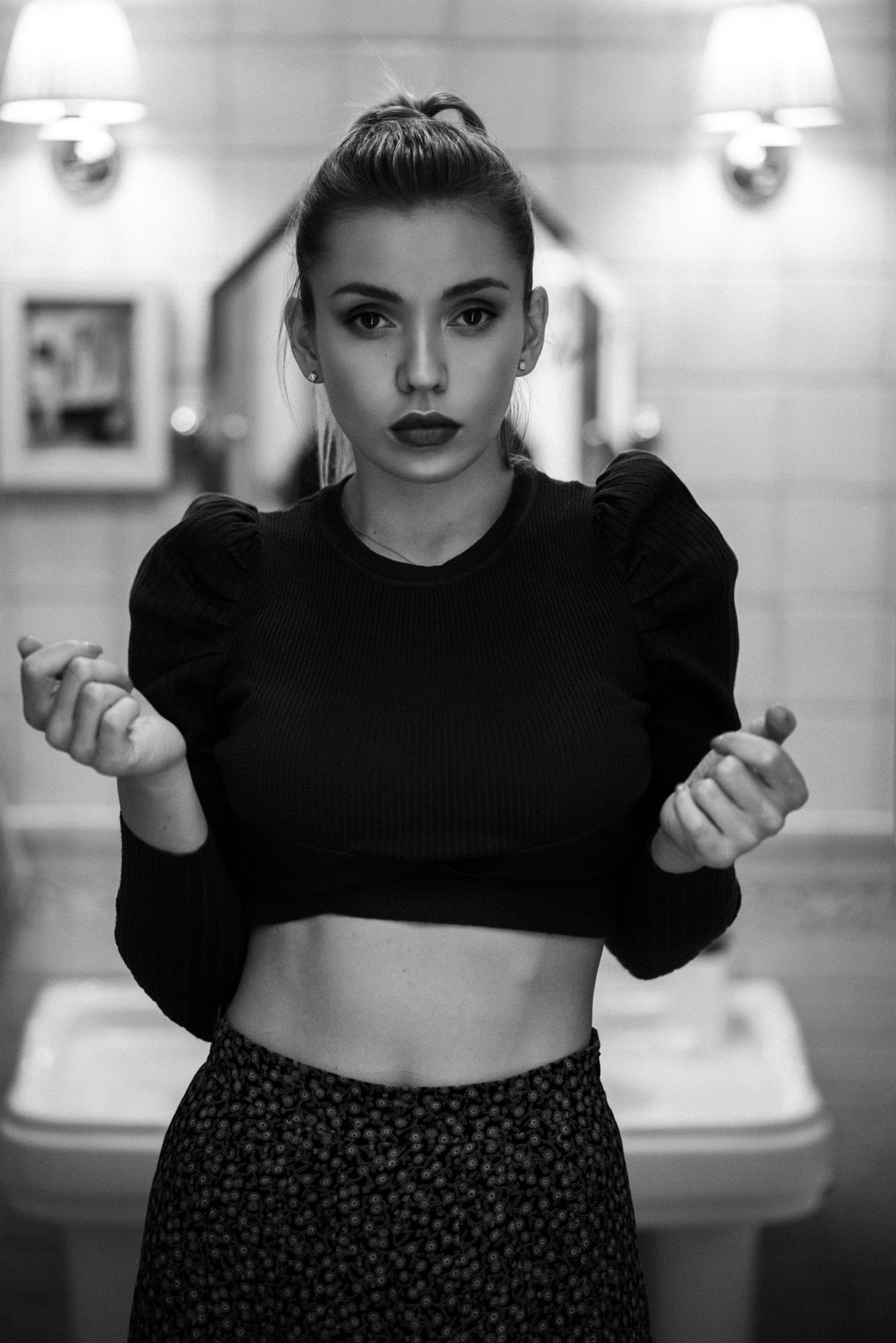 Andrey Firsov, blouse, women, 1080P, looking at viewer, ponytail, monochrome, long hair, skirt, Phone HD Wallpaper