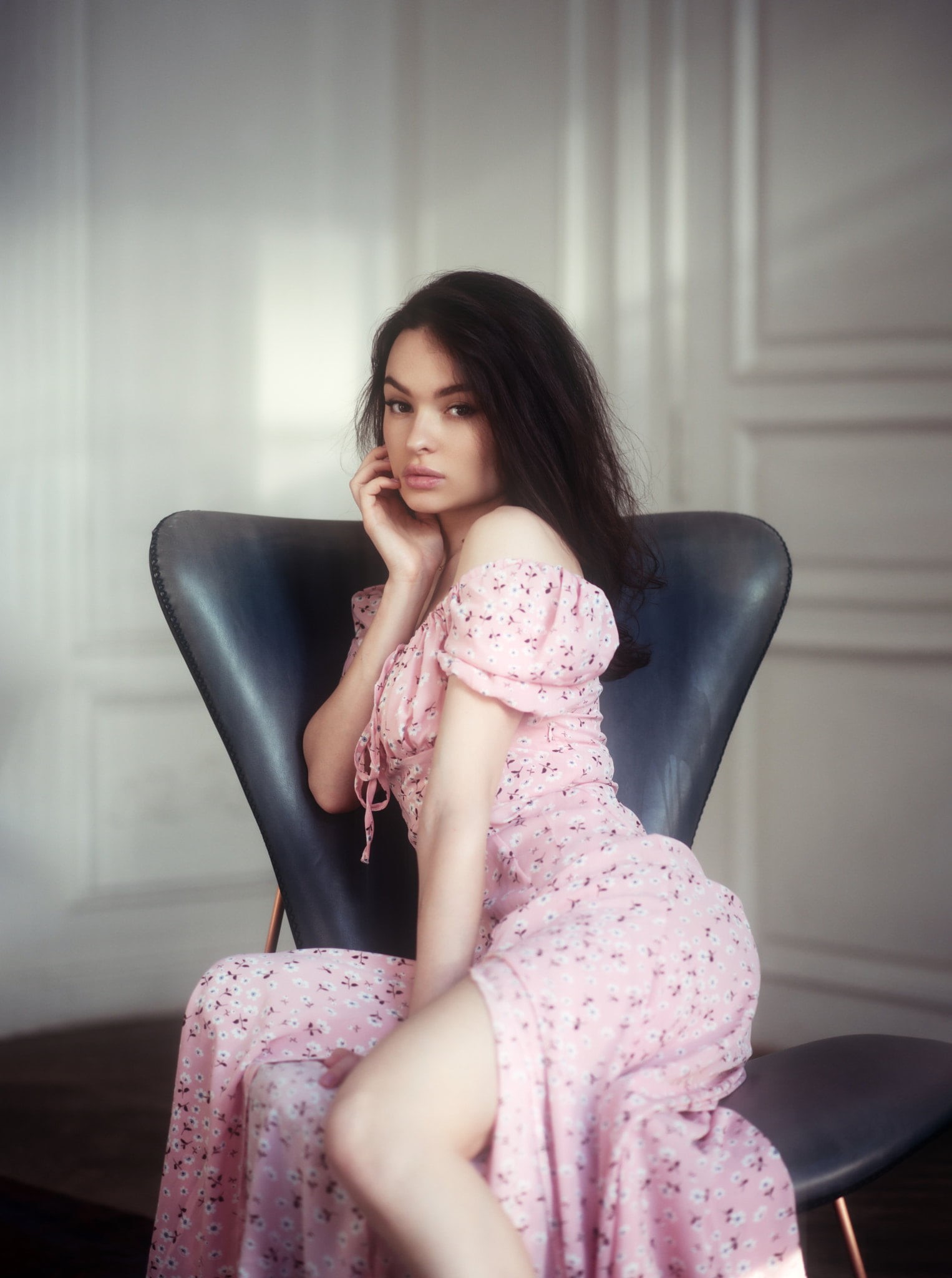 looking at viewer, indoors, pink clothing, dark hair, women, dress, chair, Andrey Firsov, 1080P, Phone HD Wallpaper