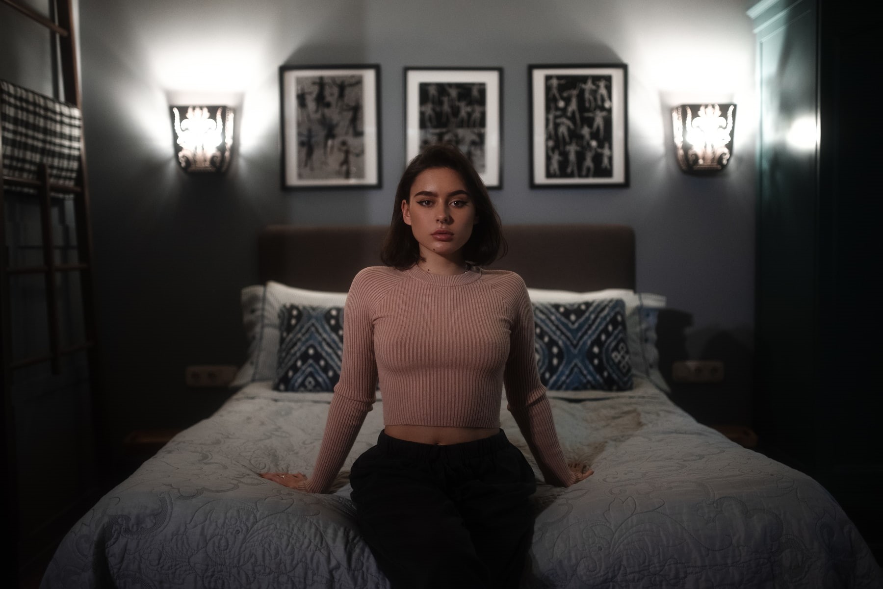 sweater, model, women indoors, in bed, Andrey Firsov, portrait, looking at viewer, sitting, pants, brunette, pierced septum, women, 720P, no bra, indoors, HD Wallpaper