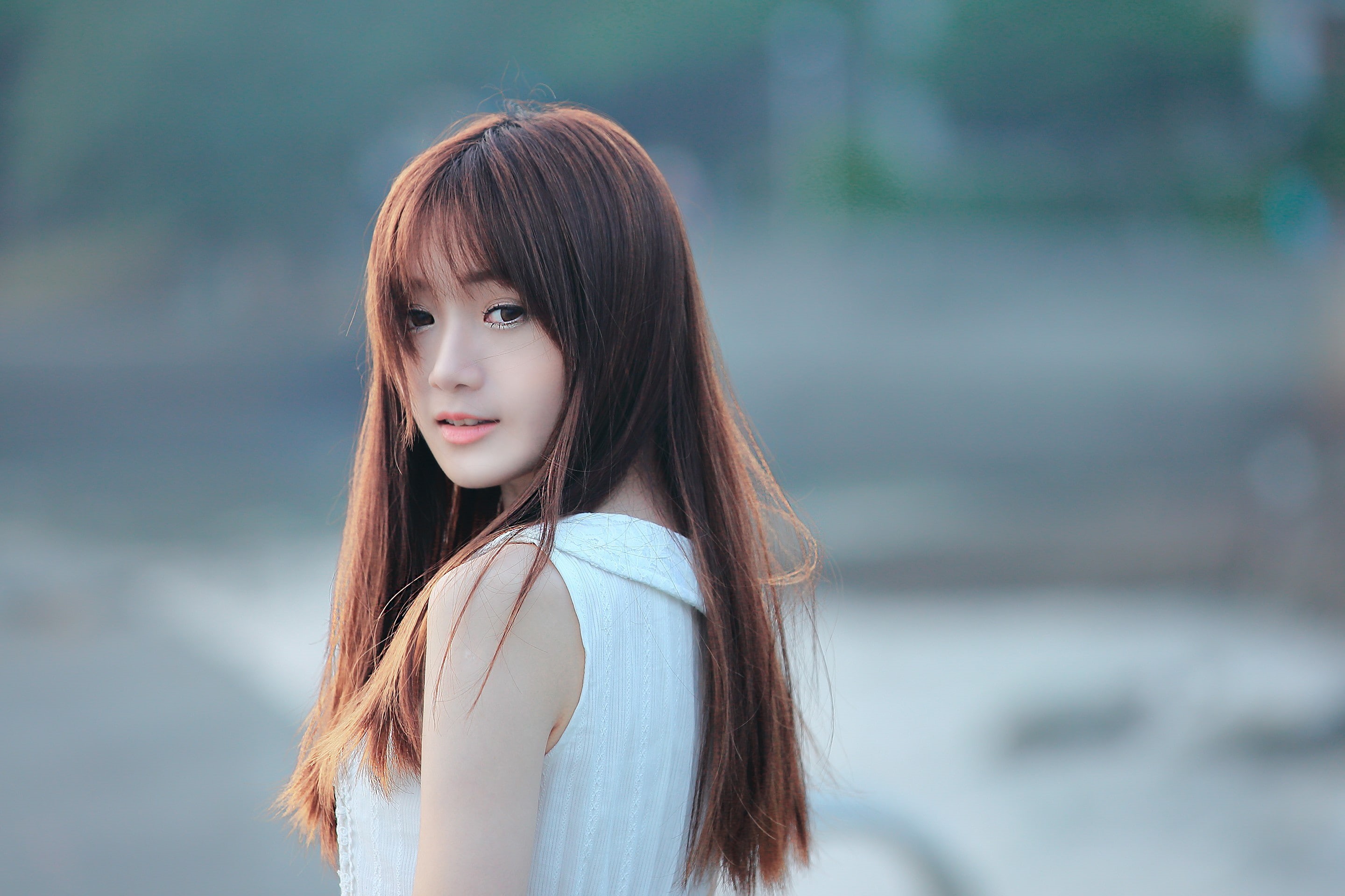 standing, outdoors, young women, beautiful woman, focus on foreground, long hair, women, leisure activity, portrait, Asian, beauty, real people, brown hair, HD Wallpaper