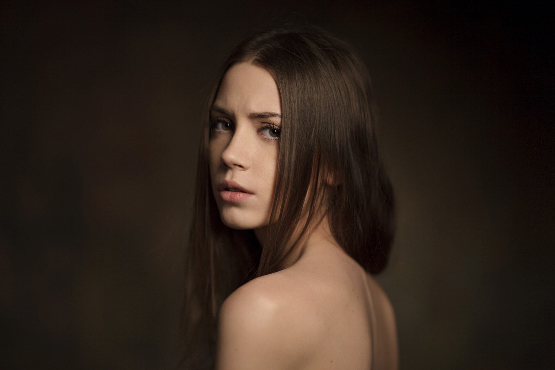 black background, looking, face, beautiful woman, brown hair, women, simple background, pink lipstick, indoors, long hair, shirtless, Ksenia Kokoreva, human hair, HD Wallpaper