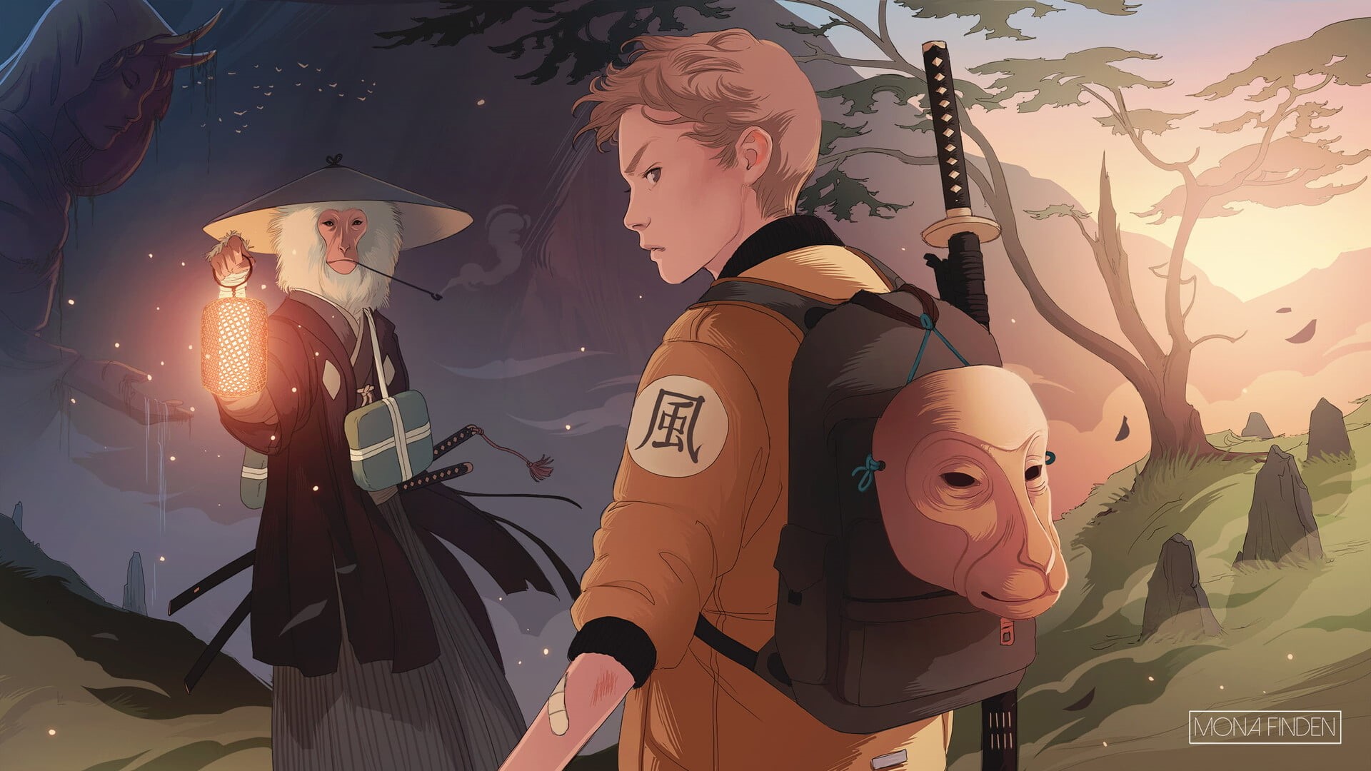 2D, fantasy art, drawing, illustration, looking over shoulder, monkey, statue, Mona Finden, katana, yokai, jacket, backpacks, 1080P, Fantasy Men, lantern, HD Wallpaper