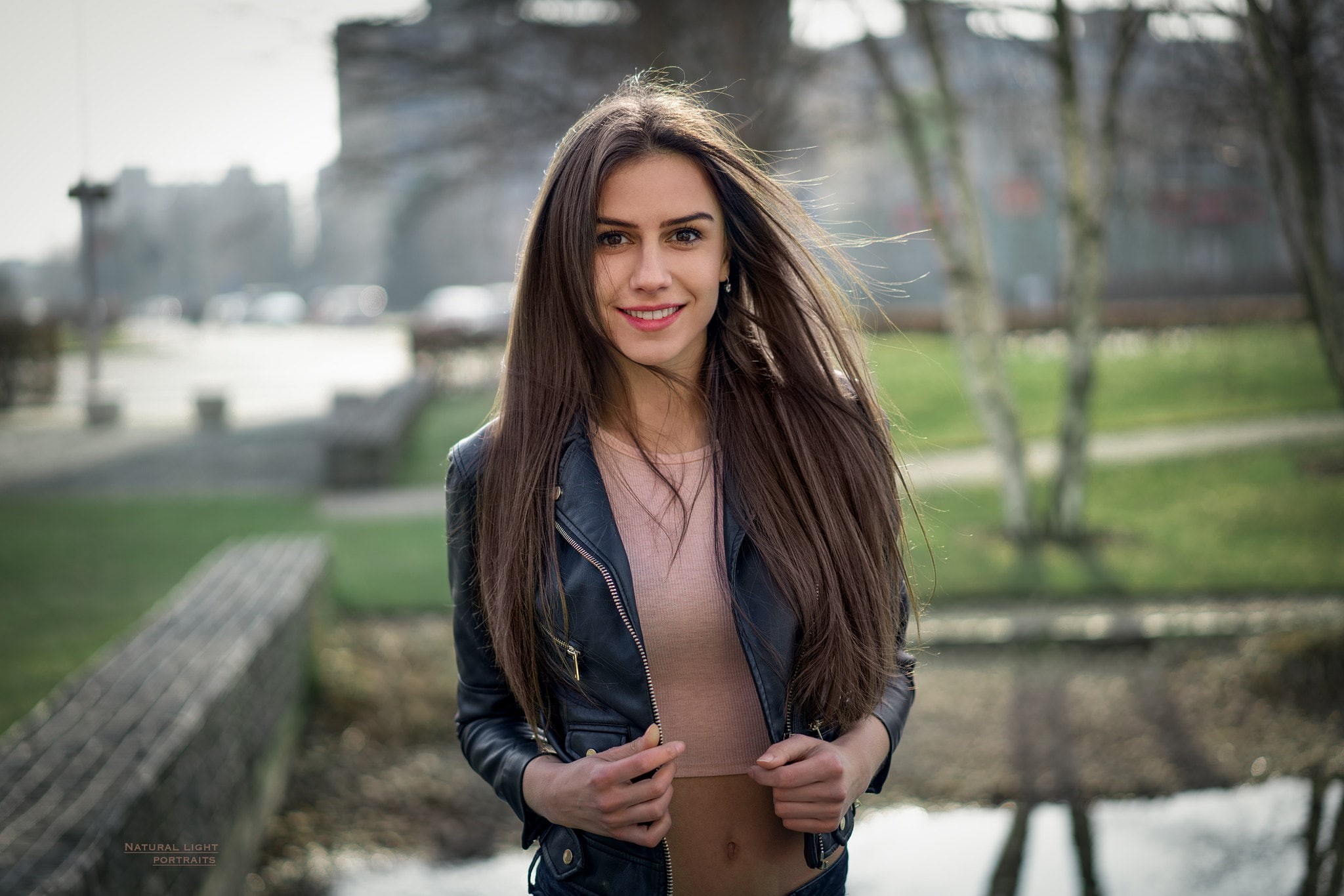 outdoors, open clothes, looking at viewer, depth of field, one person, young women, 1080P, front view, looking at camera, long hair, hazel eyes, black jackets, HD Wallpaper
