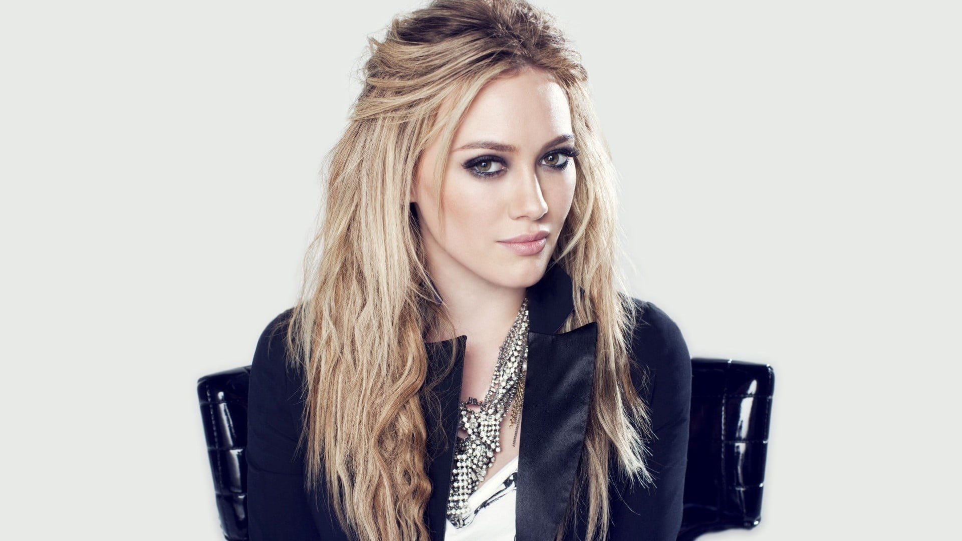 face, long hair, blonde, 1080P, hair, simple background, jacket, studio shot, hairstyle, portrait, fashion, blond hair, adult, leather, beauty, hazel eyes, HD Wallpaper