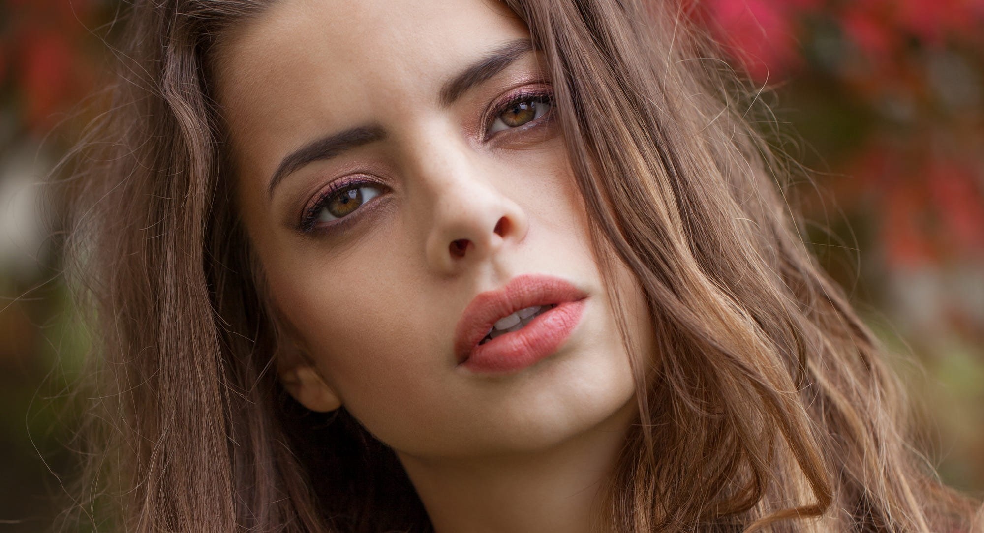 juicy lips, women, eyeshadow, brunette, 1080P, portrait, face, long hair, women outdoors, hazel eyes, closeup, HD Wallpaper