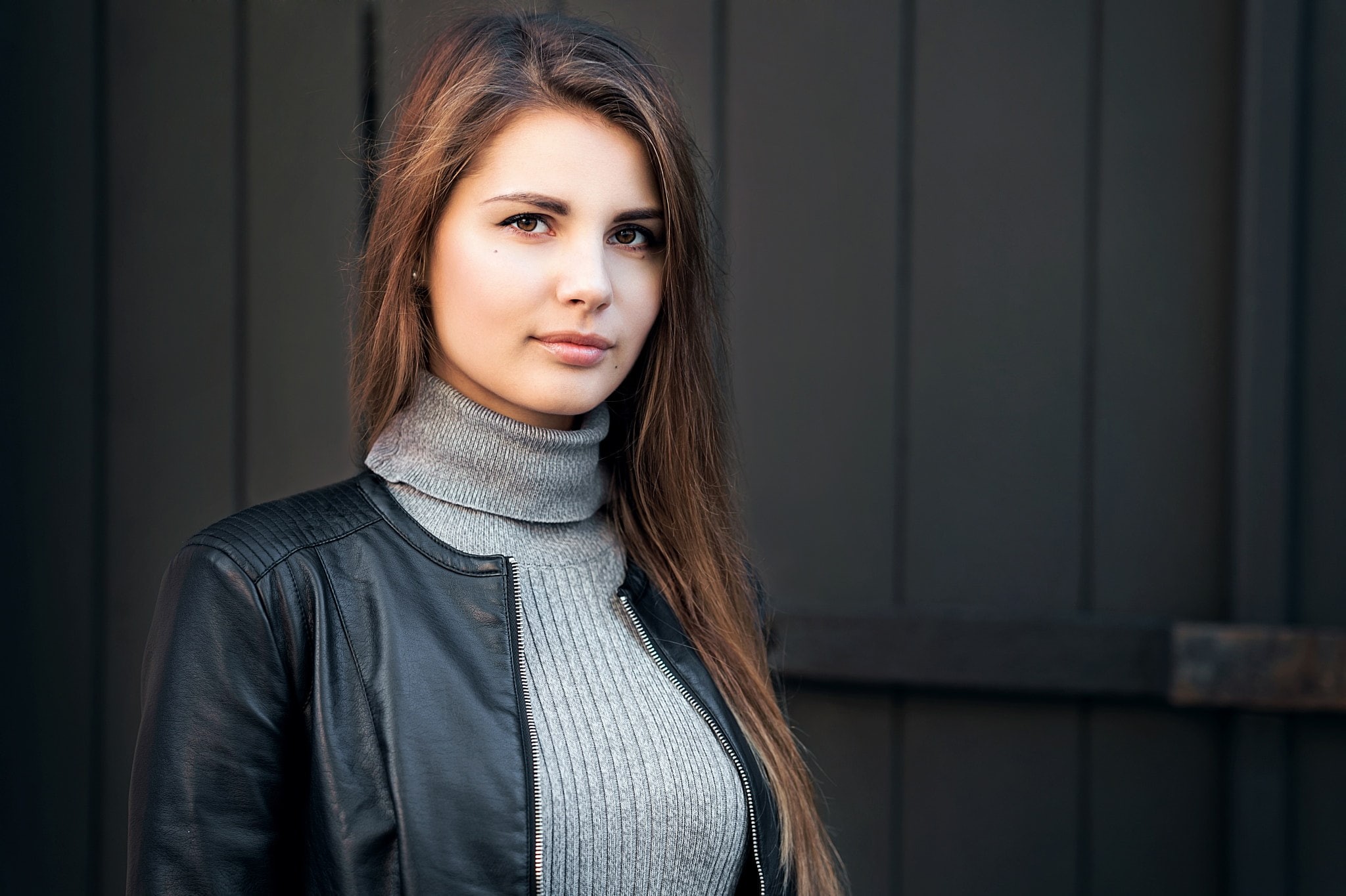 turtleneck, brunette, leather, turtlenecks, casual clothing, grey sweater, beauty, portrait, Sergey Smirnov, young adult, one person, focus on foreground, HD Wallpaper