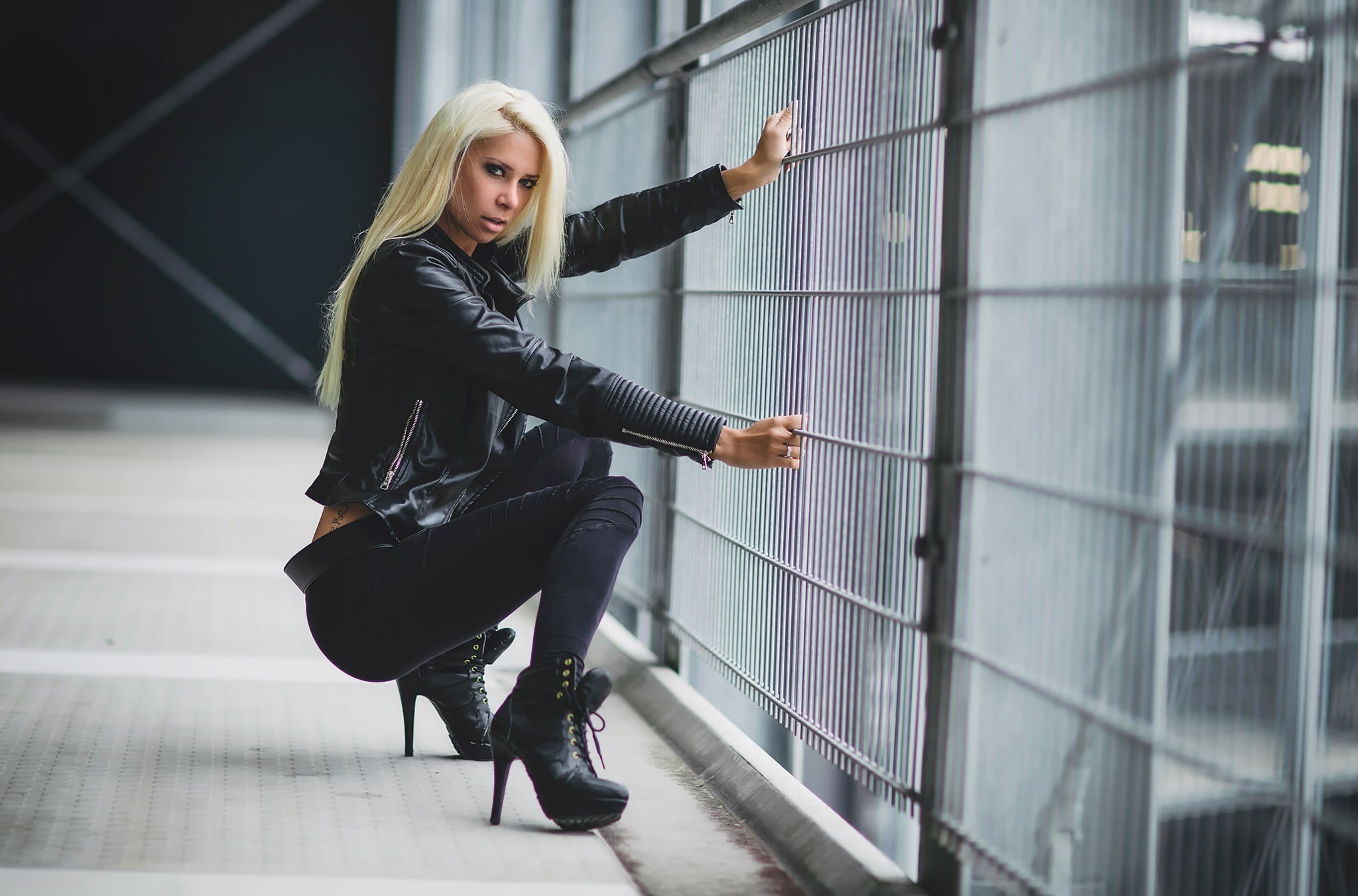 booties, Black clothes, black, leather jacket, blonde, young women, real people, 1080P, full length, built structure, leather jackets, platform, architecture, HD Wallpaper