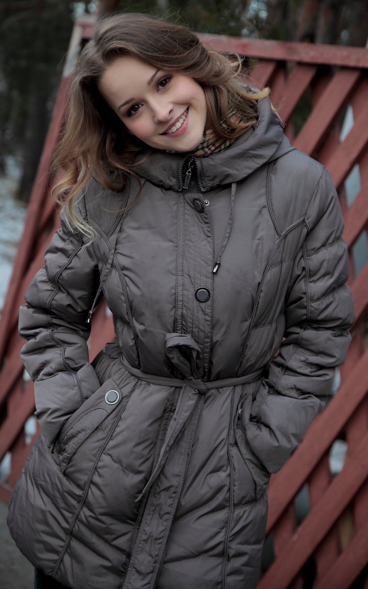 grey jacket, jacket, smiling, 1080P, Toxic A, women outdoors, brunette, upper gums, brown eyes, Phone HD Wallpaper