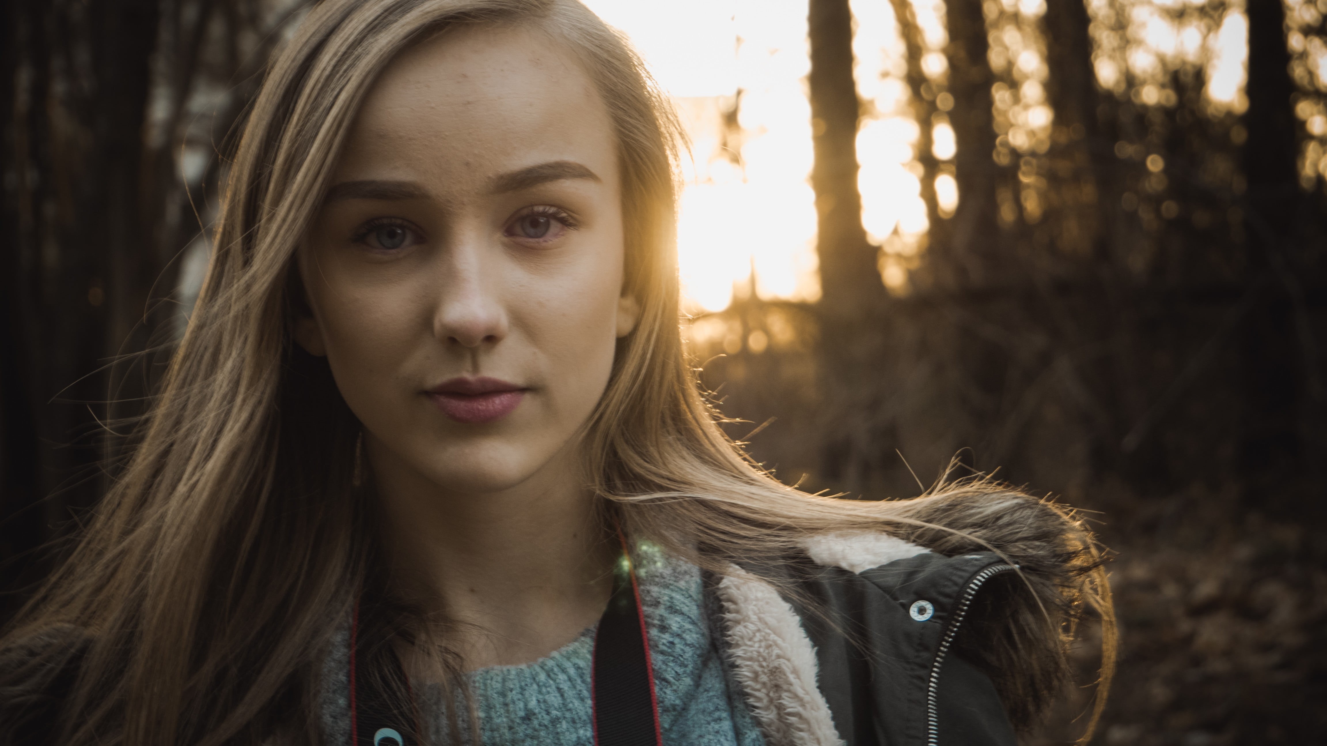 grey sweater, tree, casual clothing, young women, headshot, looking at viewer, hair, hairstyle, women, outdoors, contemplation, blue eyes, leisure activity, HD Wallpaper