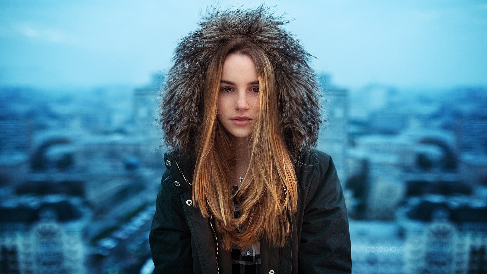 model, Ivan Gorokhov, Ombre Hair, long hair, grey jacket, straight hair, face, jacket, hoods, 1080P, Maryana Ro, portrait, women, plaid shirt, brown eyes, HD Wallpaper