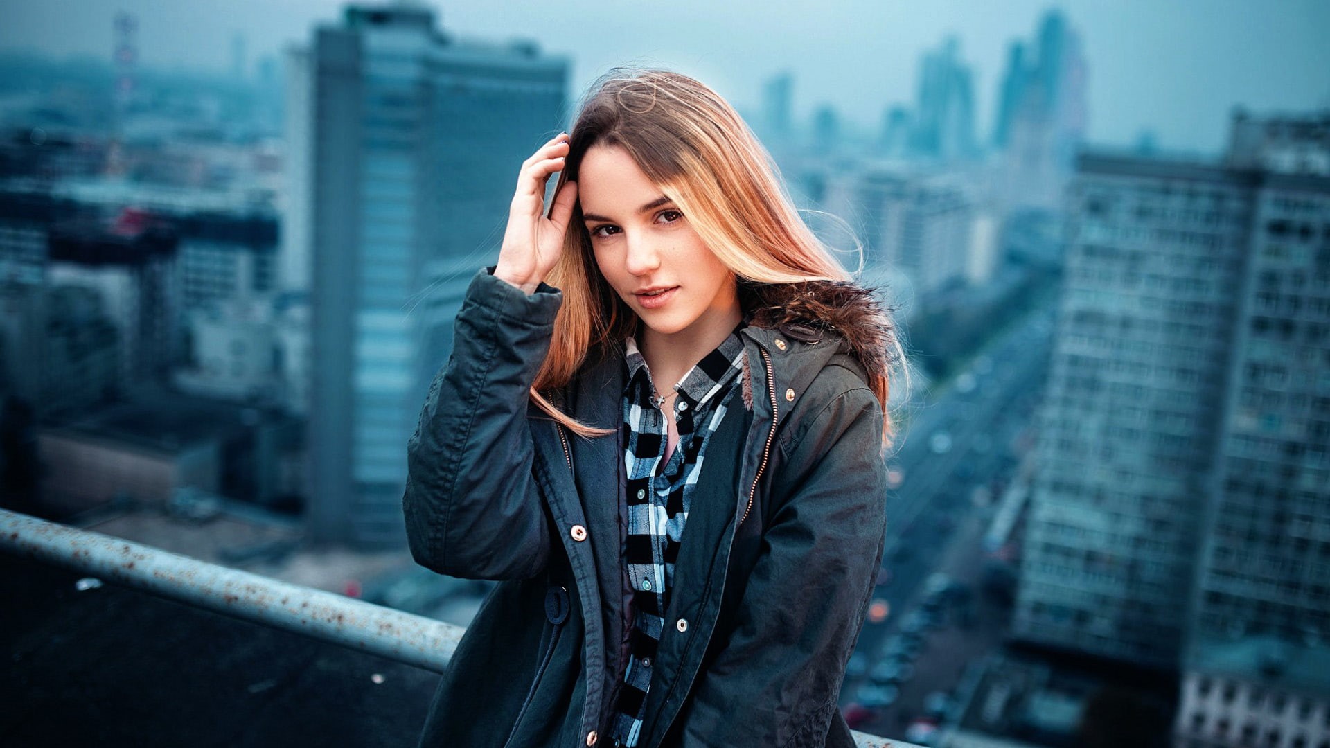 straight hair, urban, city, young women, modern, beautiful woman, city life, clothing, touching face, long hair, building exterior, teenager, balcony, hairstyle, HD Wallpaper