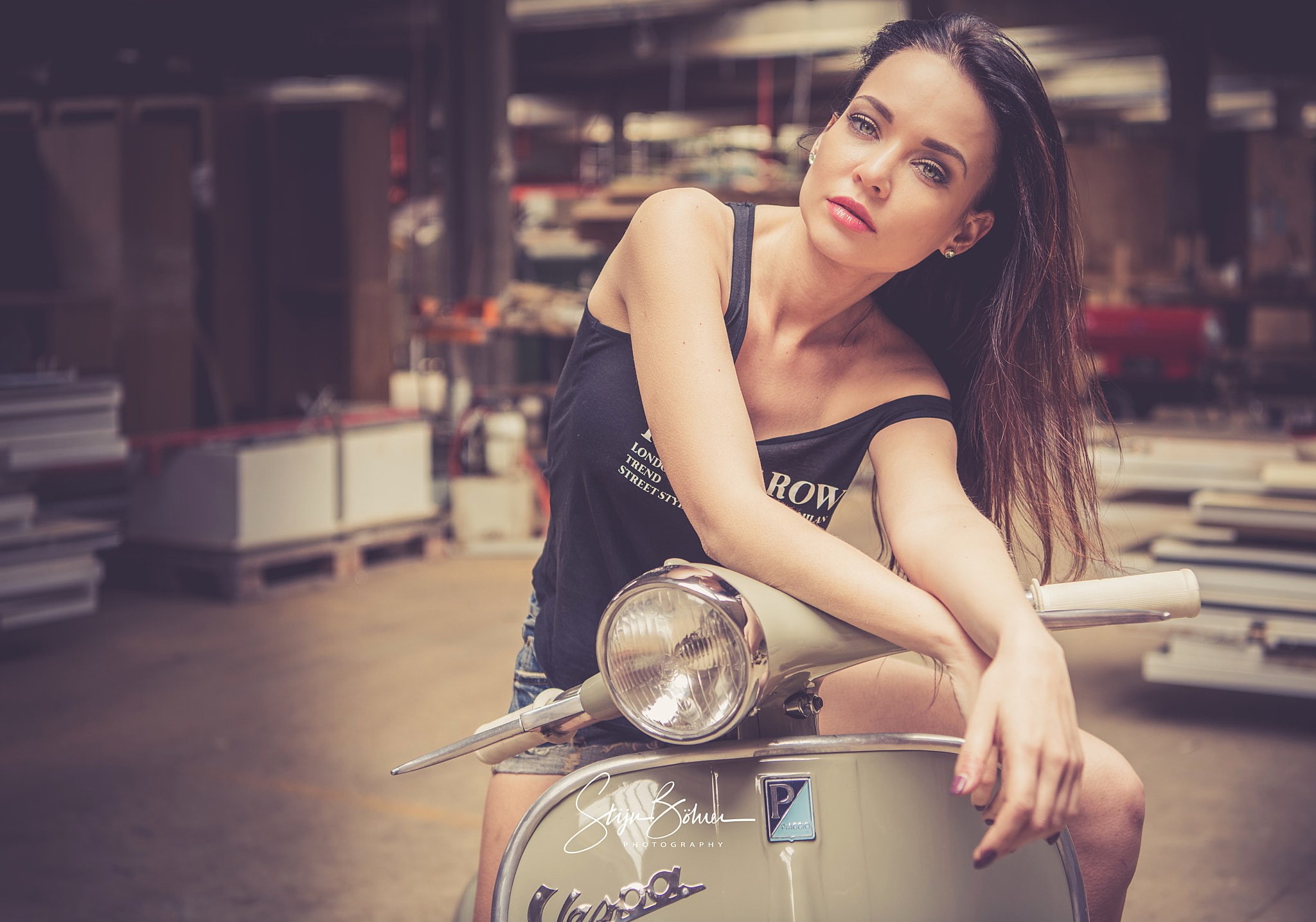 front view, model, three quarter length, brunette, hair, biker, focus on foreground, women, Angelina Petrova, young women, real people, sitting, long hair, HD Wallpaper