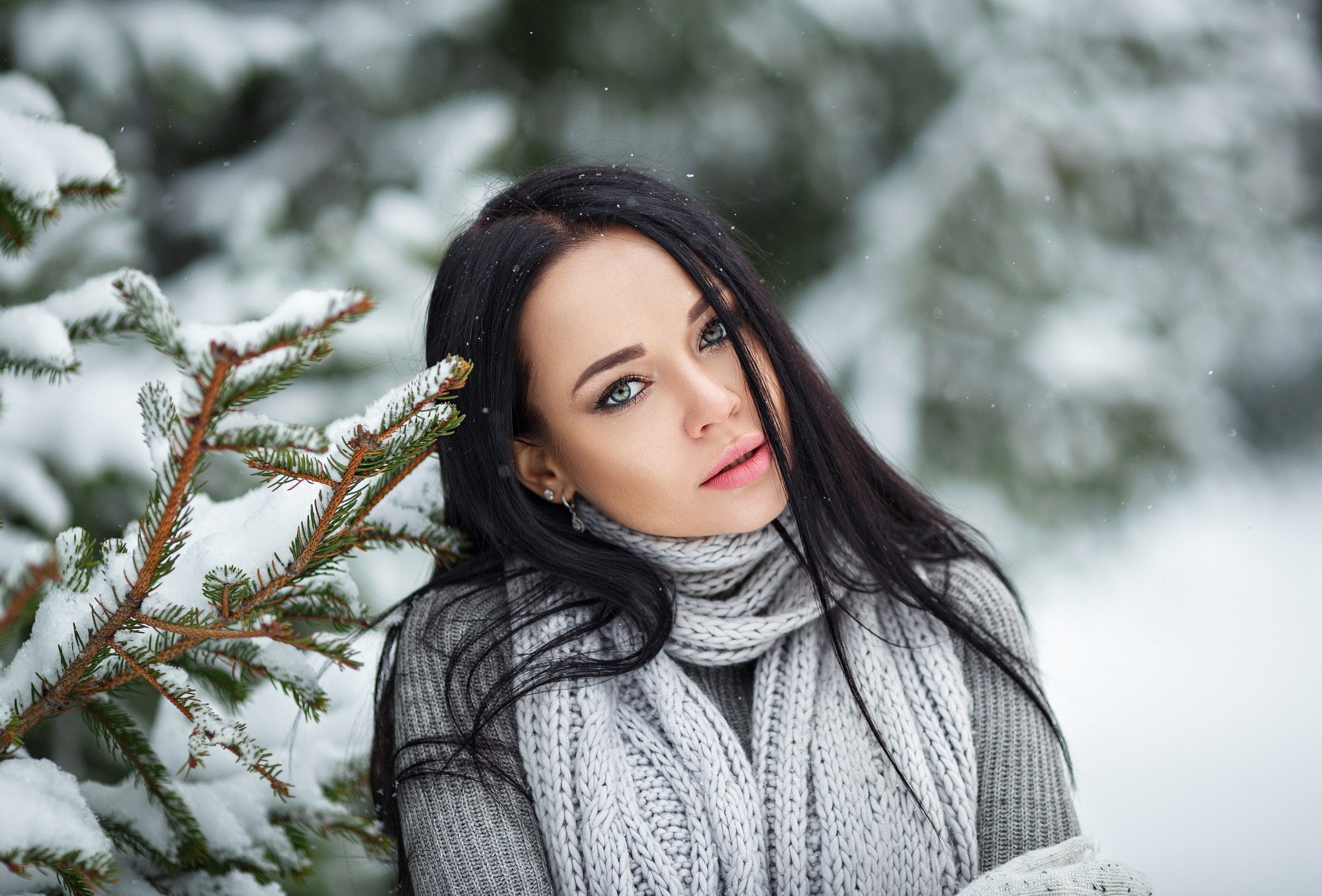 outdoors, one person, long hair, looking at camera, black hair, young adult, young women, tree, Angelina Petrova, clothing, winter, sweater, portrait, snow, HD Wallpaper