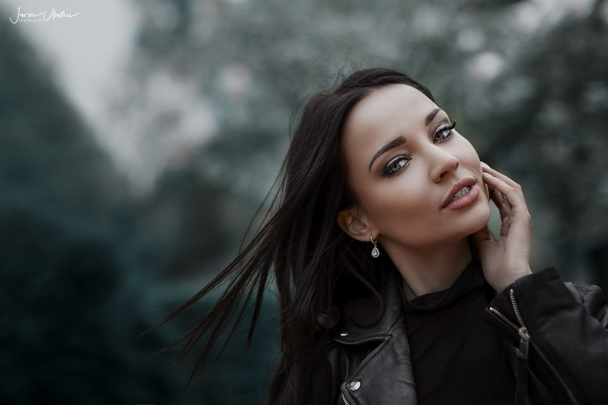 leather jackets, bokeh, Javier Ullastres, black hair, brunette, portrait, face, black clothing, 1080P, women outdoors, tanned, blue eyes, Angelina Petrova, HD Wallpaper