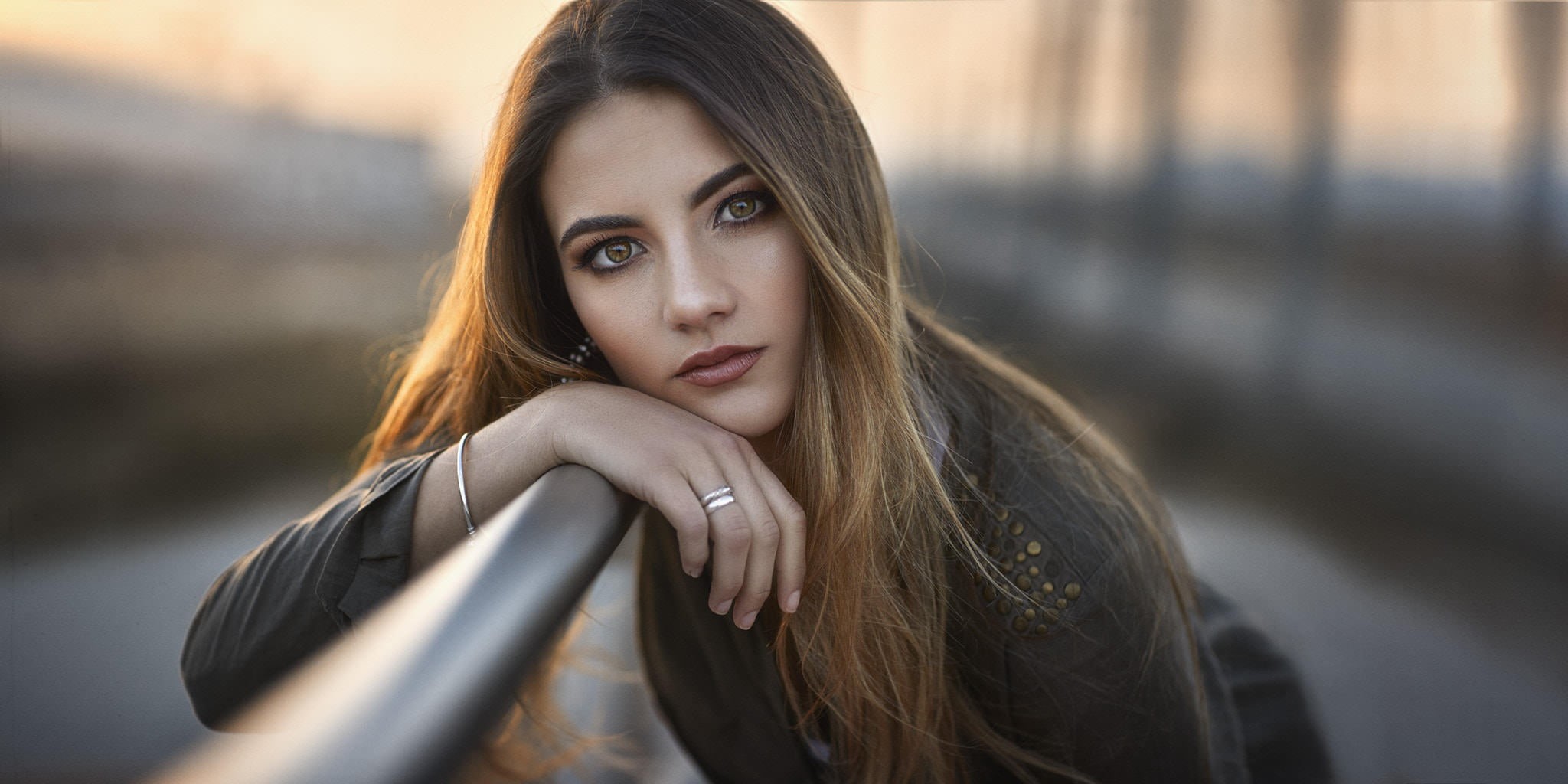 women outdoors, 1080P, black jackets, Ombre Hair, natural light, brunette, portrait, face, looking at viewer, Javier Ullastres, women, long hair, HD Wallpaper