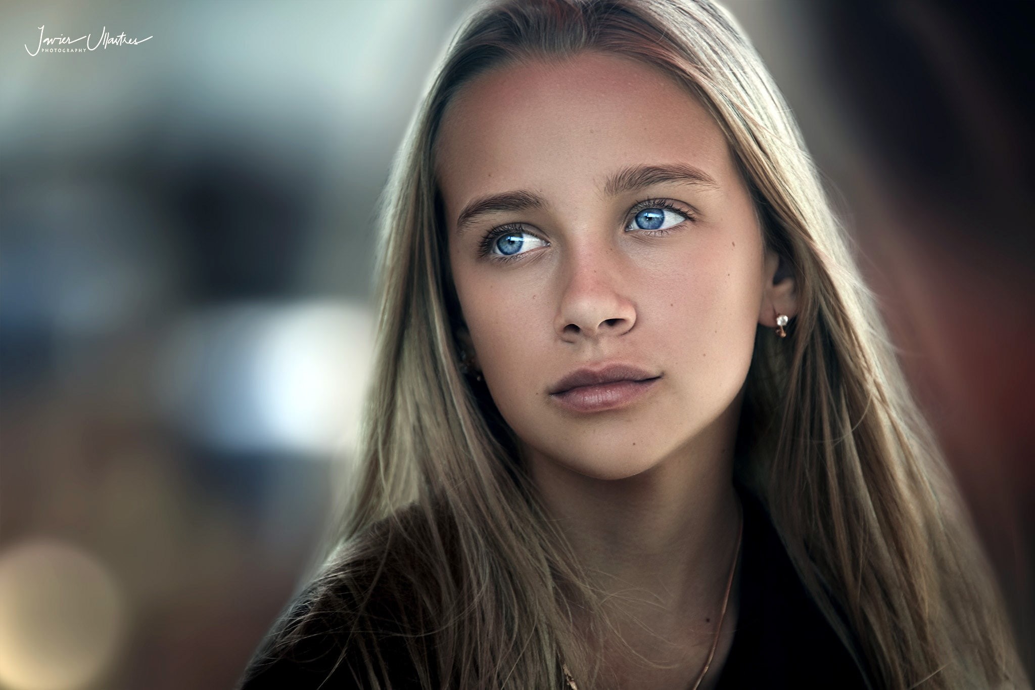 Javier Ullastres, mouth, girl, face, blue eyes, close up, photographer, 1080P, straight hair, photo, model, looking away, long hair, blonde, portrait, HD Wallpaper