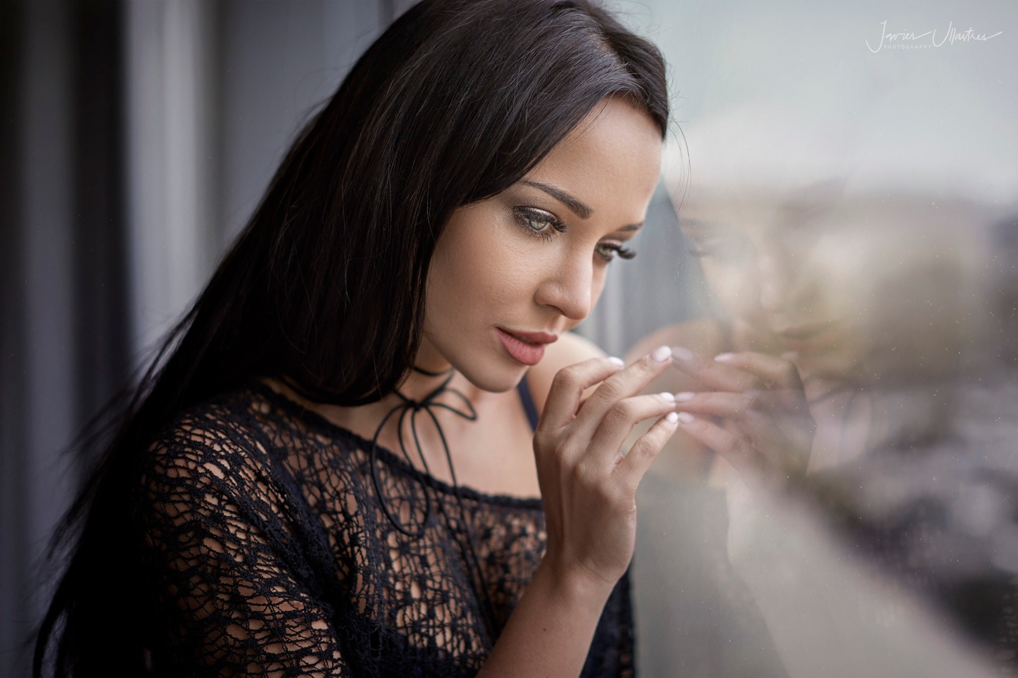 brunette, lace, black bras, reflection, black clothing, face, Javier Ullastres, see-through clothing, Angelina Petrova, window, portrait, black hair, looking away, HD Wallpaper
