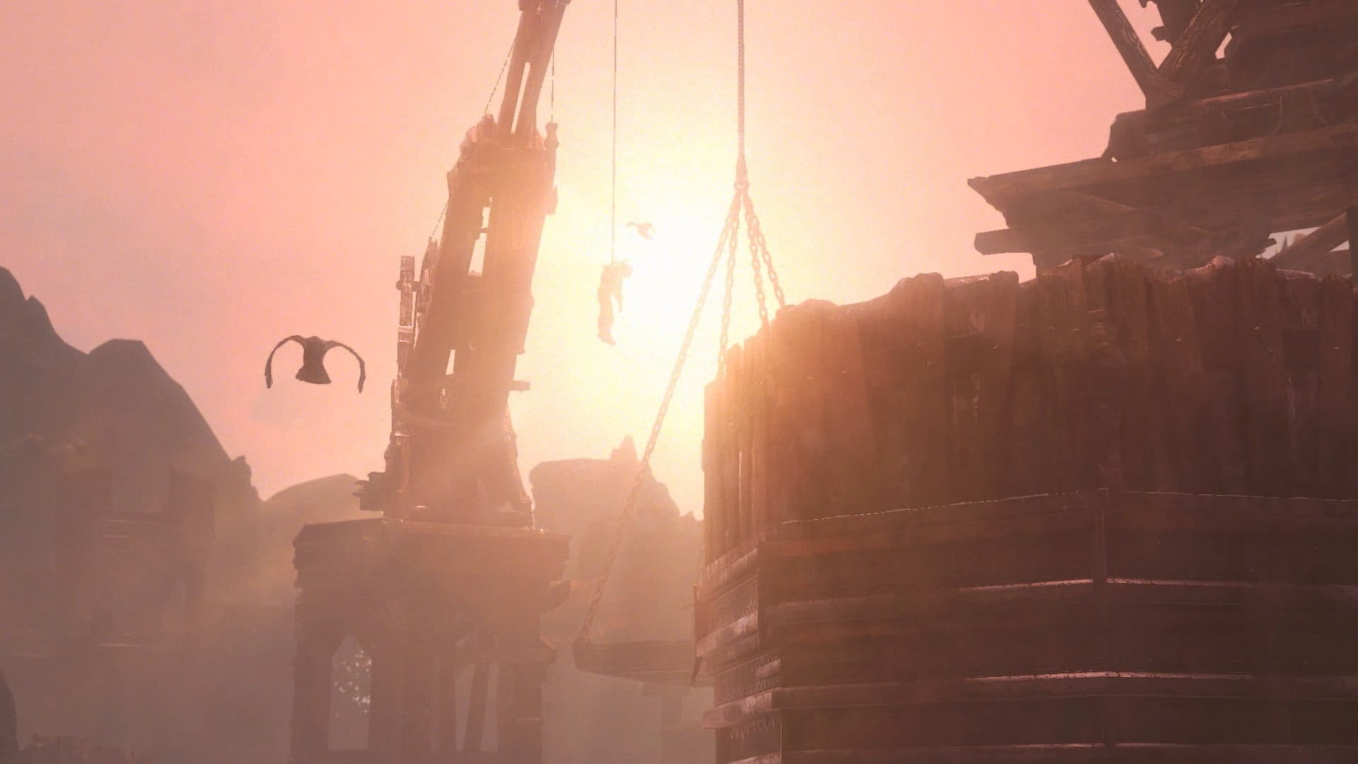 crane - construction machinery, sunbeam, Middle-earth: Shadow of Mordor, lens flare, sunset, 1080P, video games, tranquility, city, outdoors, sun, building exterior, HD Wallpaper