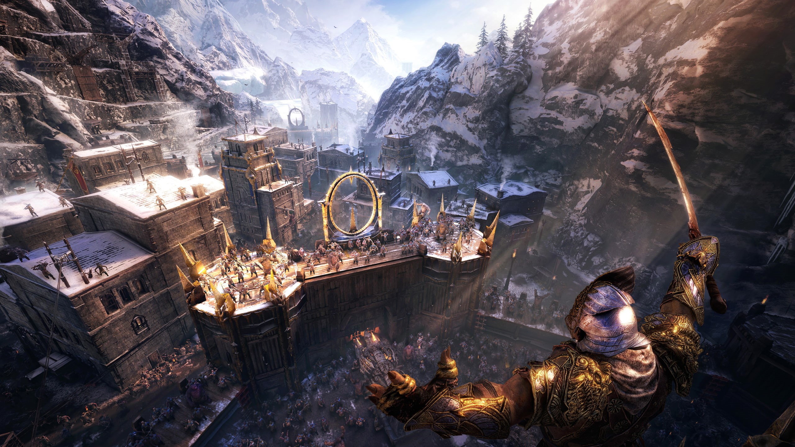 video games, cold temperature, high angle view, illuminated, 2K, day, rock, built structure, building exterior, men, orcs, people, nature, real people, HD Wallpaper