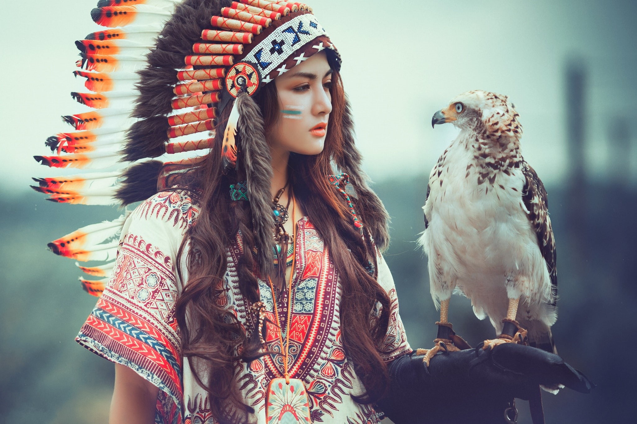 Women, Woman, Girl, Model, Bird Of Prey, 1080P, Eagle, Feather, Native American, Brunette, HD Wallpaper