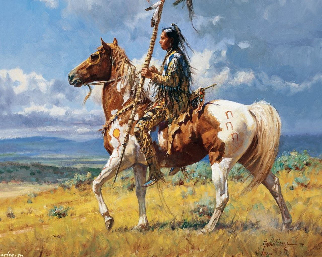 riding, artistic, native, hd, 720P, horse, painting, american, HD Wallpaper