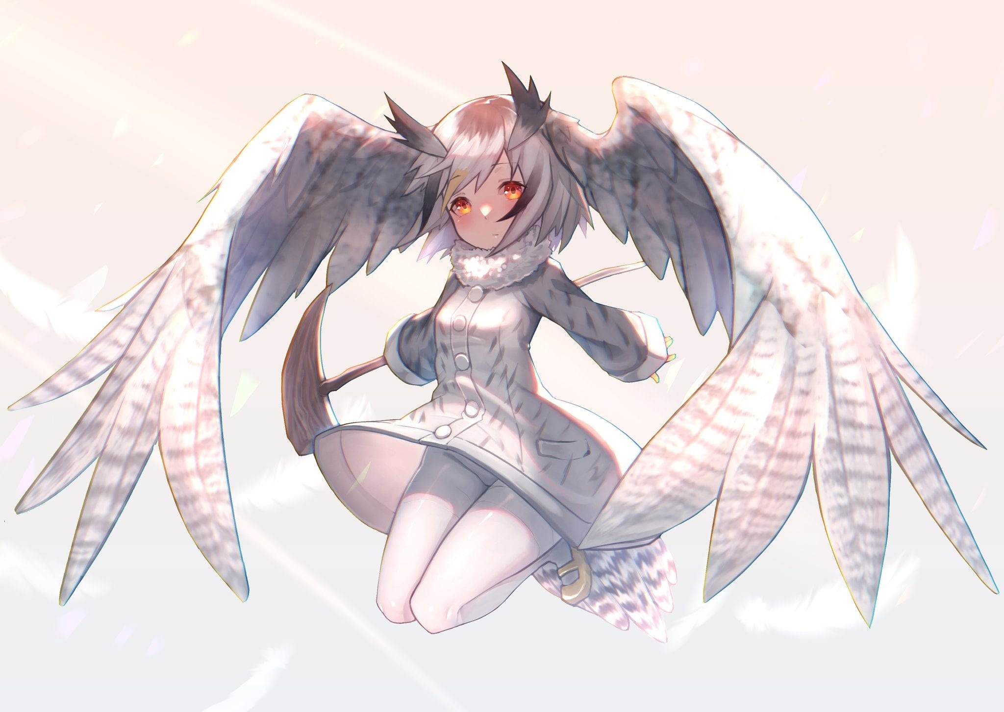 anime girls, Northern White-Faced Owl (Kemono Friends), wings, animal ears, anime, Kemono Friends, 1080P, HD Wallpaper