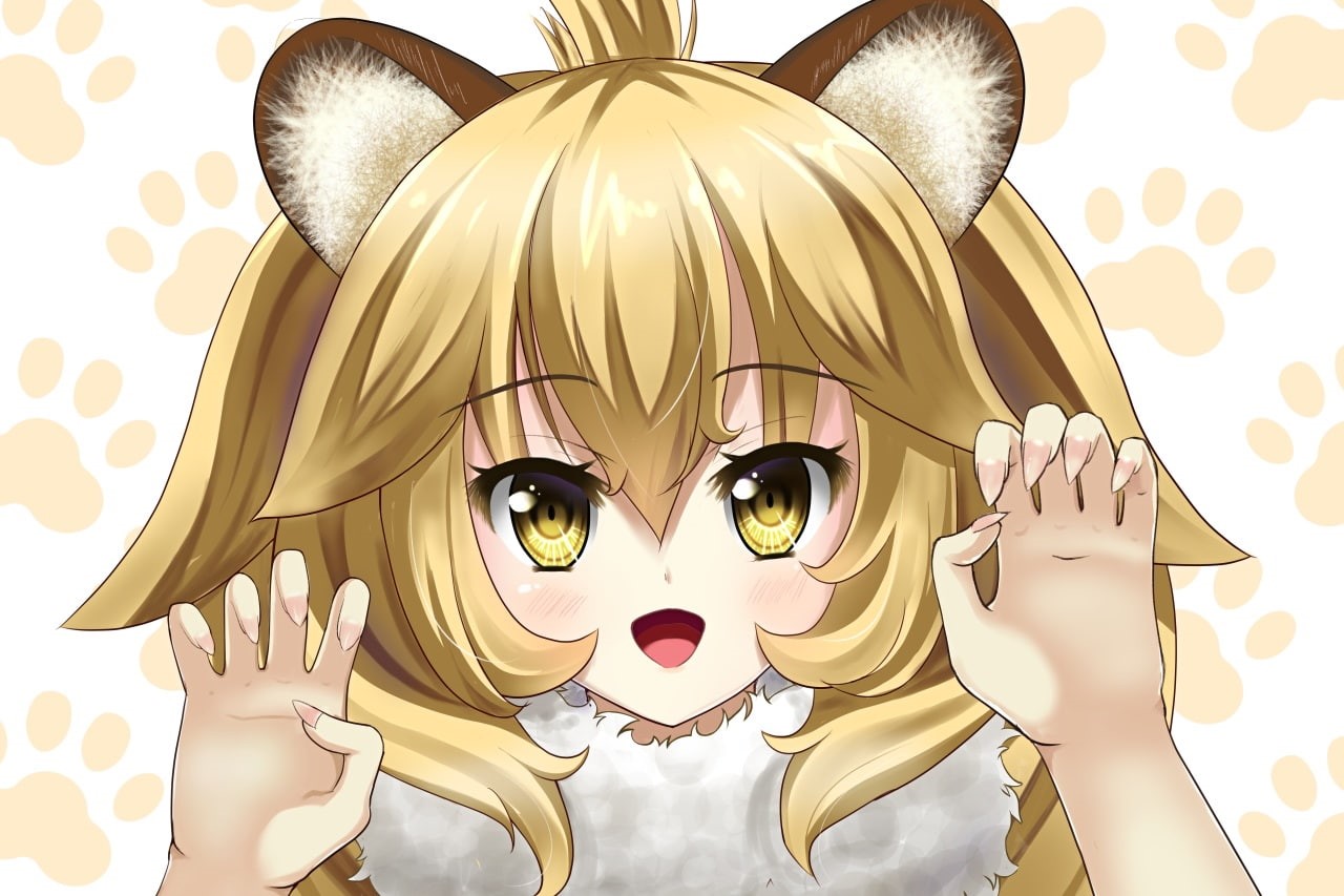 720P, Lion(kemono friends), cat girl, white  background, blonde, Kemono Friends, animal ears, yellow eyes, short hair, anthropomorphism, HD Wallpaper