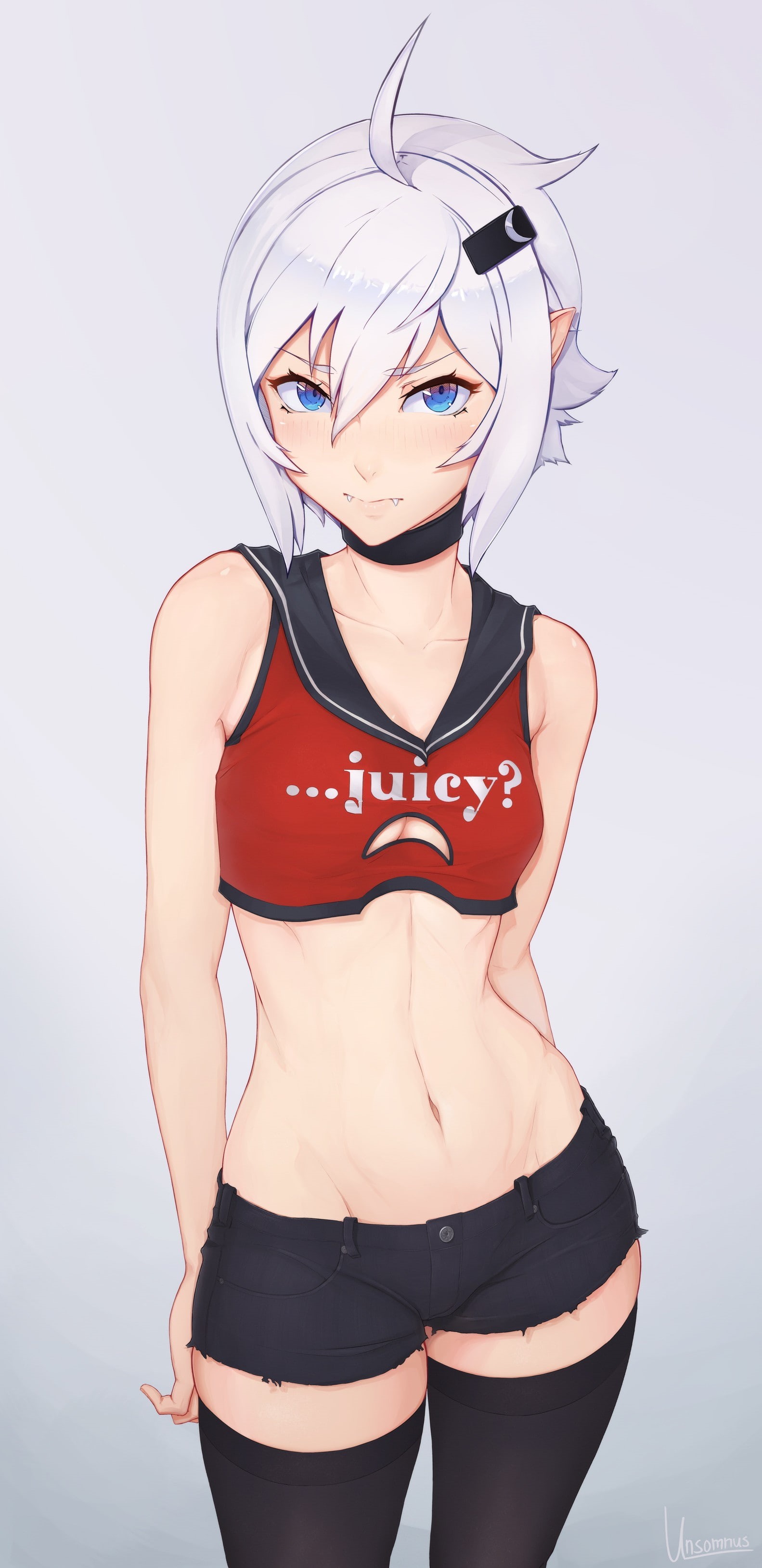 white hair, anime girls, 2K, blue eyes, vampires, artwork, pointed ears, fangs, Phone HD Wallpaper