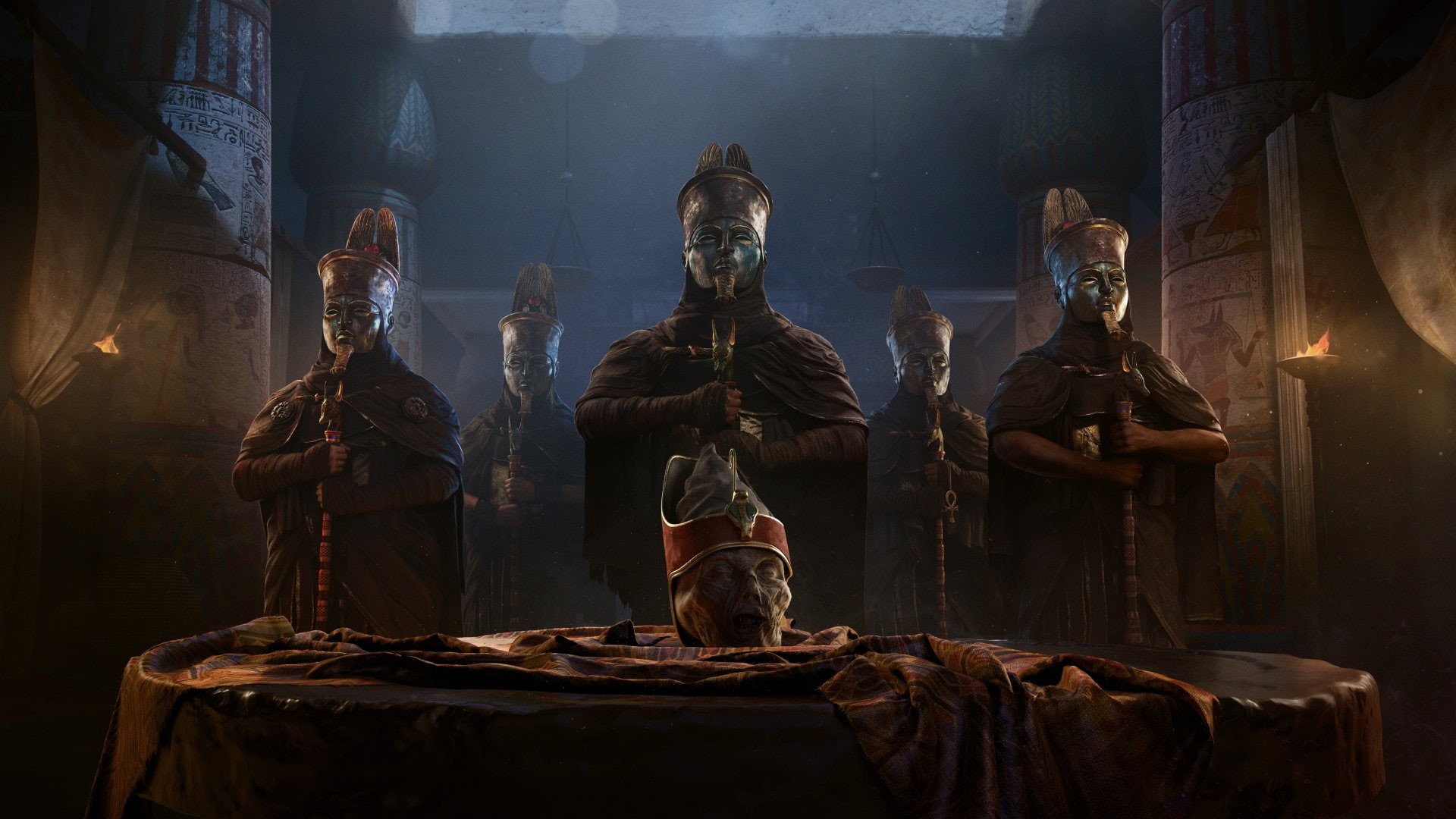 statue, 1080P, male likeness, sculpture, representation, idol, human representation, no people, built structure, video games, indoors, Assassins Creed: Origins, HD Wallpaper