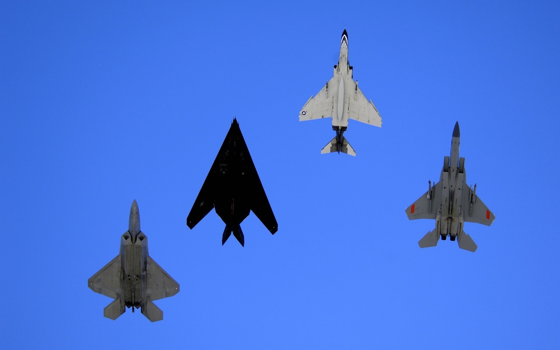 F-117 Nighthawk, flying, clear sky, military aircraft, McDonnell Douglas F-4 Phantom II, on the move, fighter plane, 1080P, McDonnell Douglas F-15 Eagle, HD Wallpaper