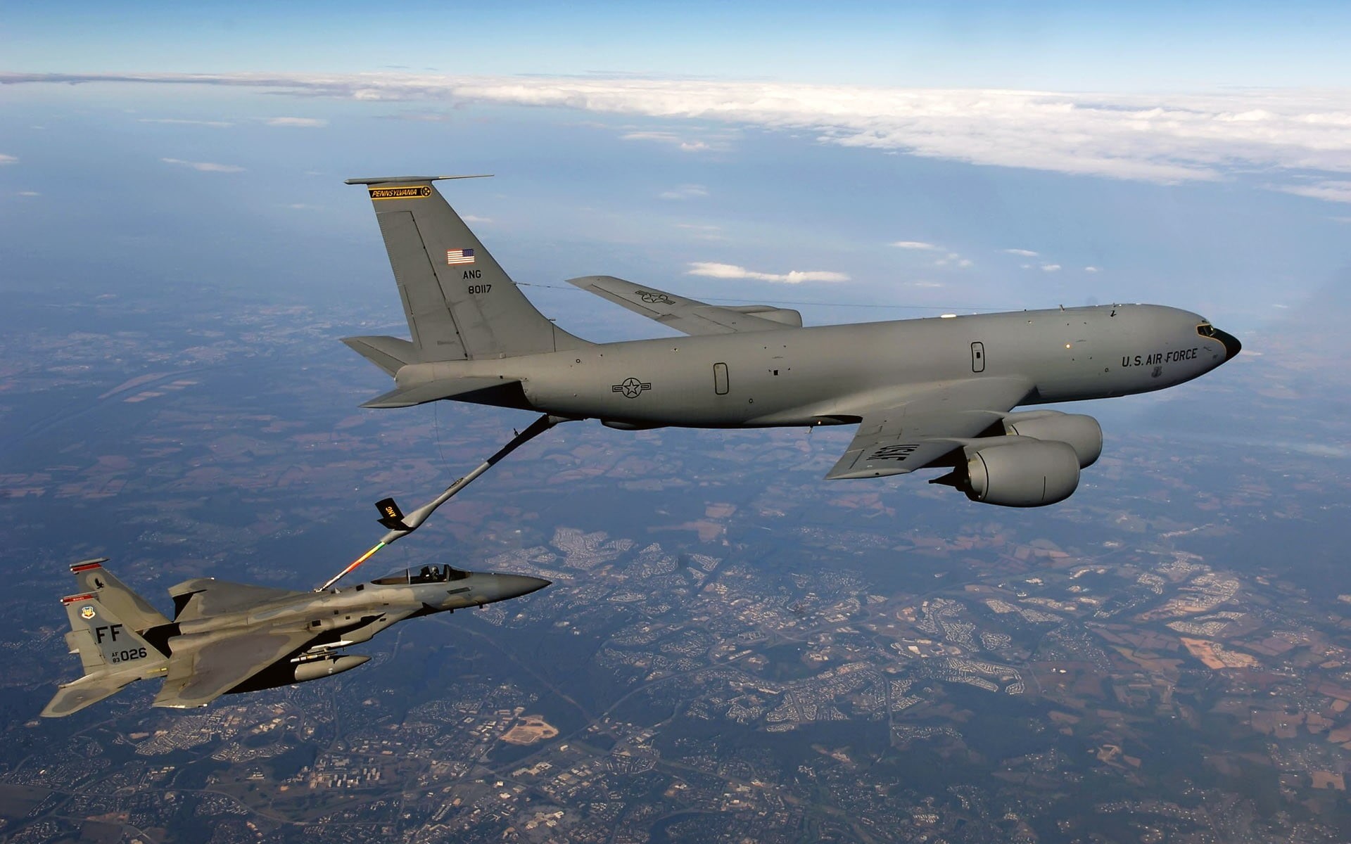 aerospace industry, army, motor, mid-air, black, Boeing KC-135 Stratotanker, nature, airplane, mode of transportation, air vehicle, boat, F-15 Eagle, cloud - sky, HD Wallpaper
