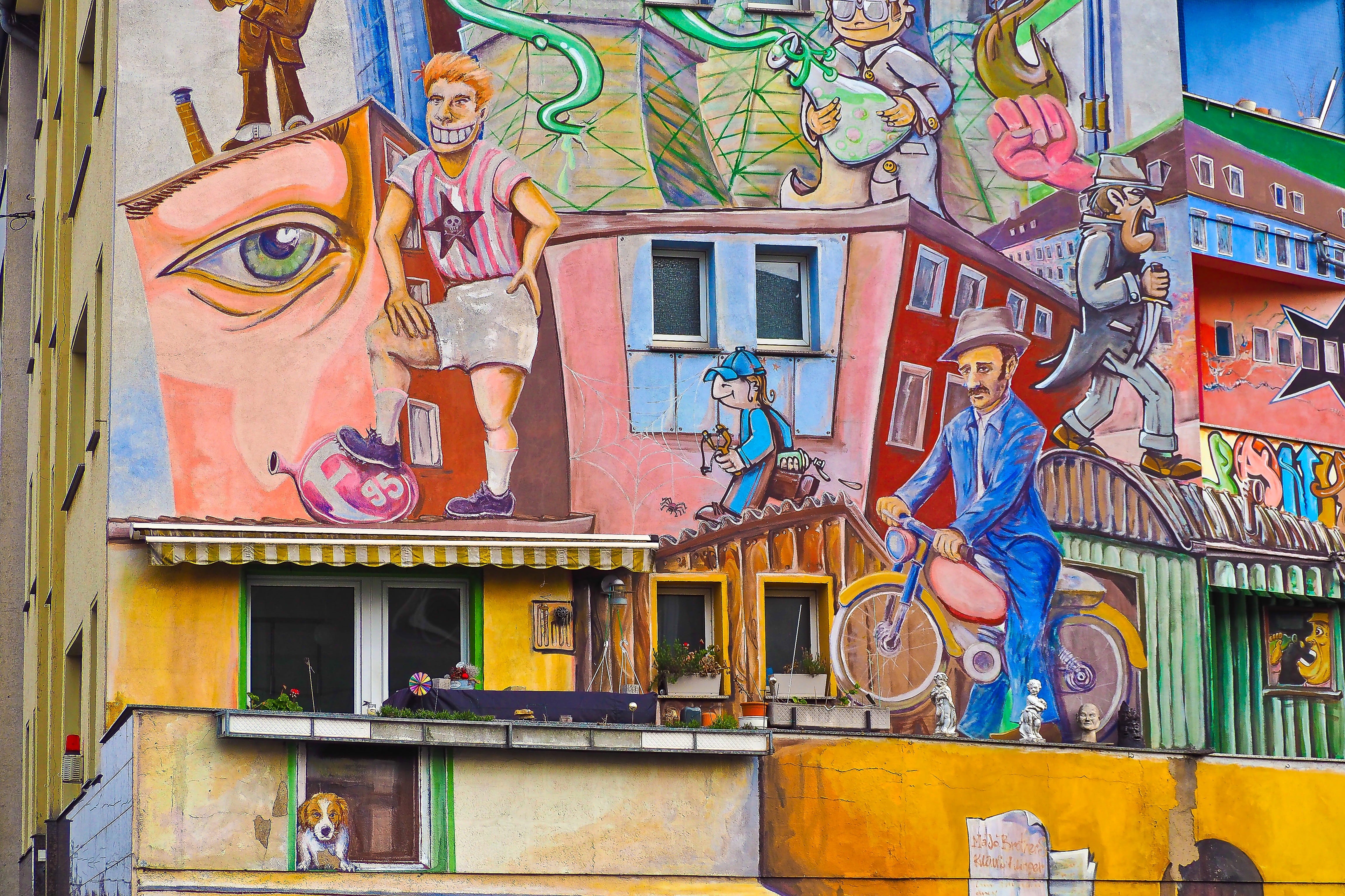 outdoors, graphic, painting, motorcycle, urban art, female likeness, color, urban, facade, creativity, suit, youth, male likeness, wearing, man, Wall Painting, HD Wallpaper