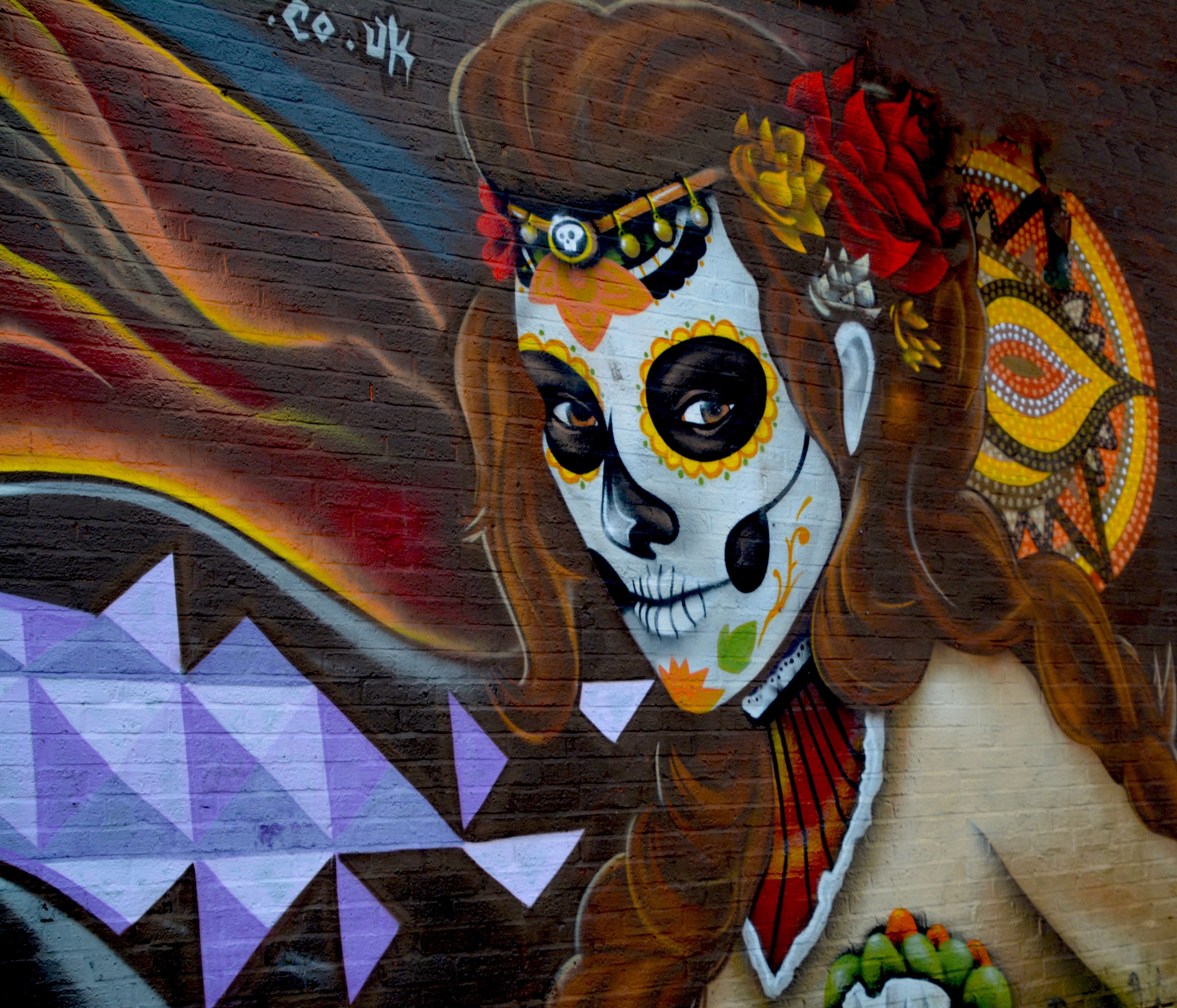 female, tourism, multi colored, mural, city, artistic, caucasian, lifestyle, skull, looking, graffiti wall, brunette, arts culture and entertainment, 4K, HD Wallpaper