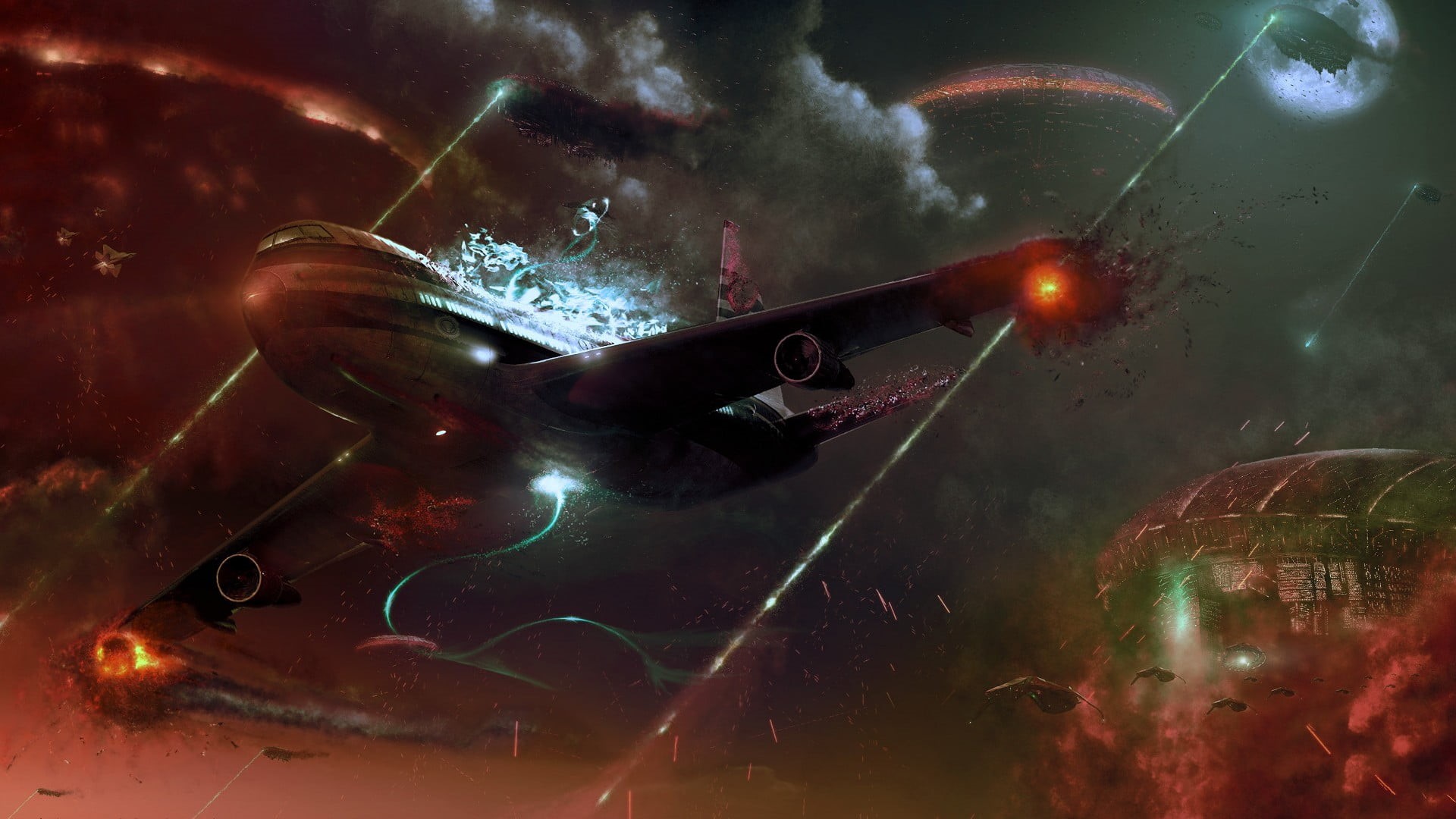 star - space, creativity, fantasy art, outdoors, 1080P, digital art, adult, night, illuminated, airplane, one person, light - natural phenomenon, technology, HD Wallpaper
