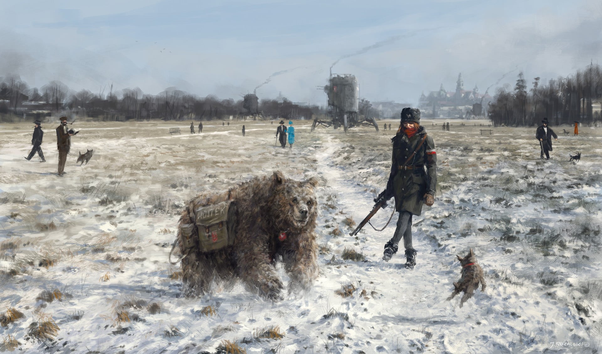fan art, incidental people, fantasy art, land, walking, warm clothing, artwork, outdoors, day, Wojtek, snow, cold temperature, illustration, women, painting, HD Wallpaper