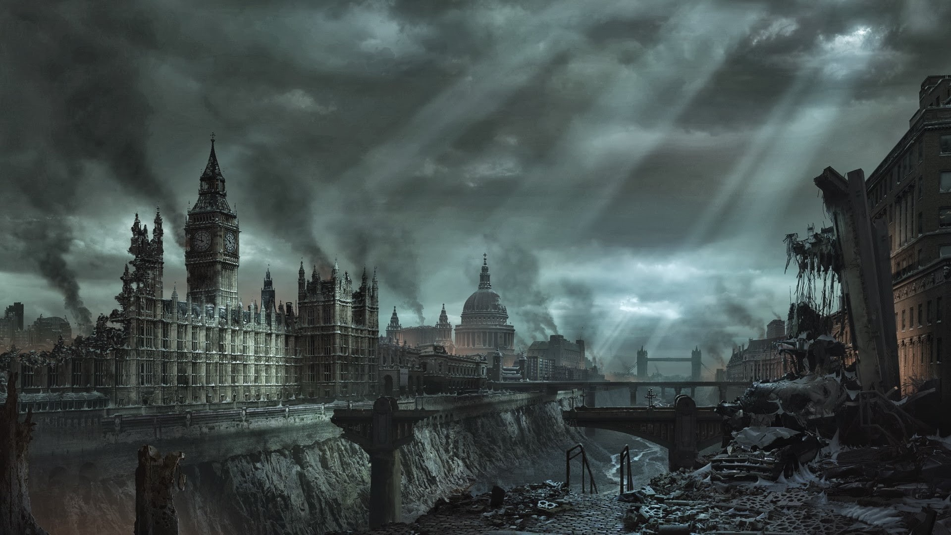 cloud - sky, travel, sky, history, place of worship, digital composite, Hellgate London, gothic style, rain, nature, city, built structure, religion, building exterior, HD Wallpaper