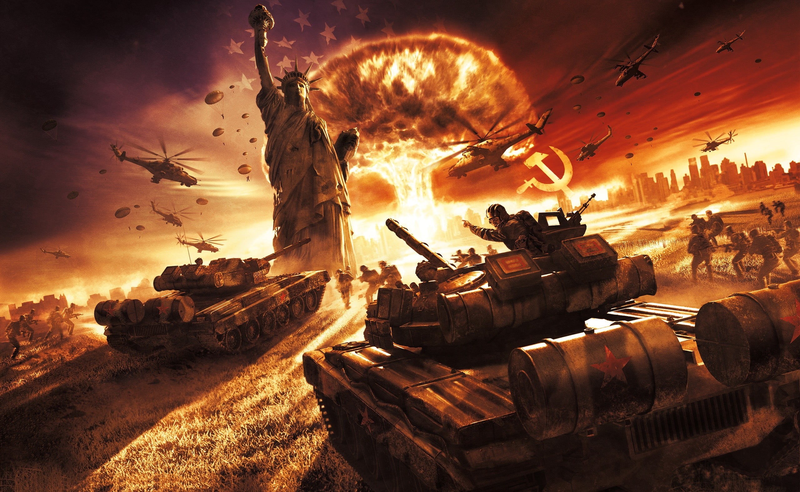 night, flame, working, World in Conflict Soviet Assault, exploding, government, statue, illustration, sky, log, steel, history, equipment, architecture, HD Wallpaper