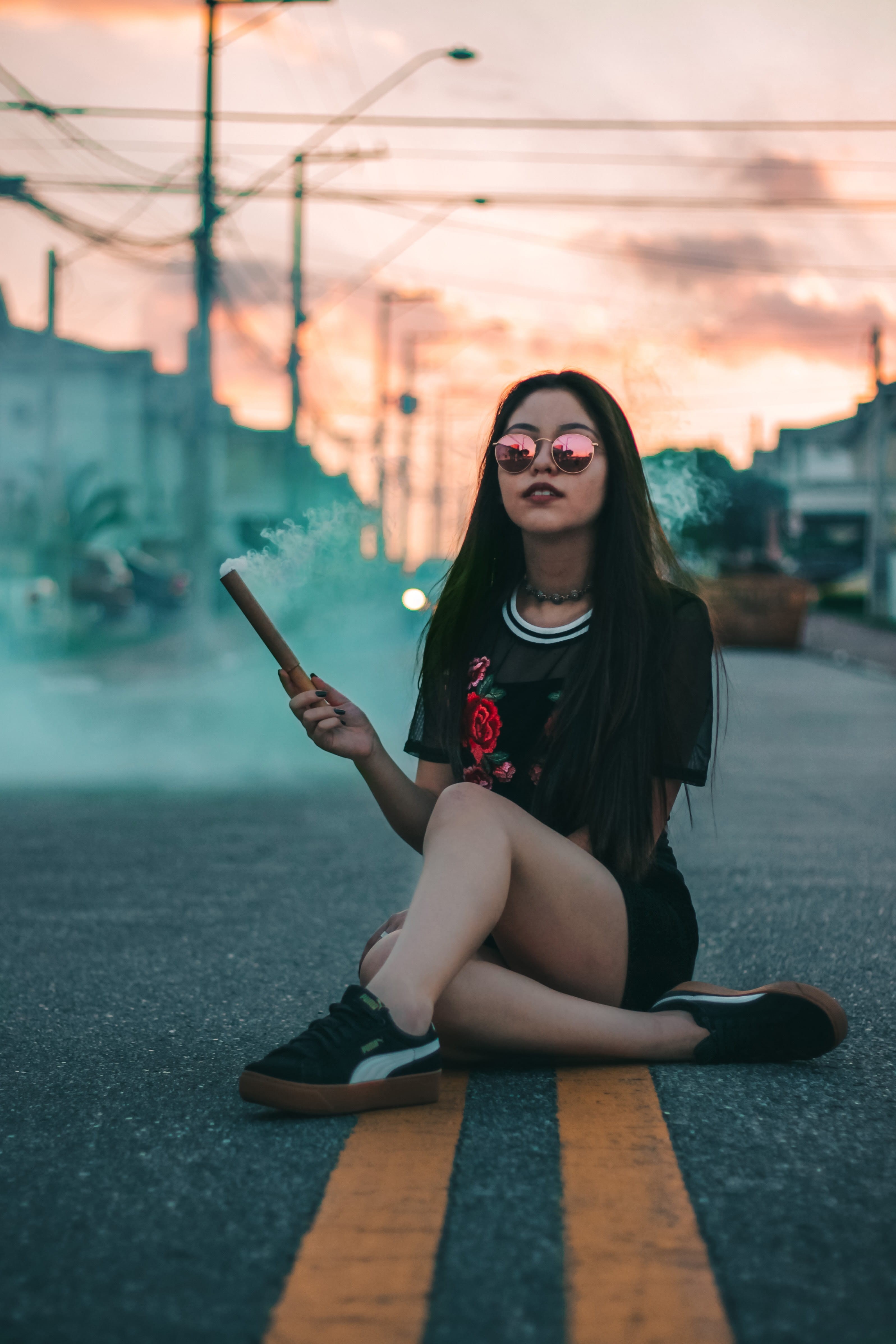 front view, portrait, one person, shirt, real people, female, women, leisure activity, smoke, outdoors, 4K, beautiful woman, hair, fashion, crew, hairstyle, Phone HD Wallpaper