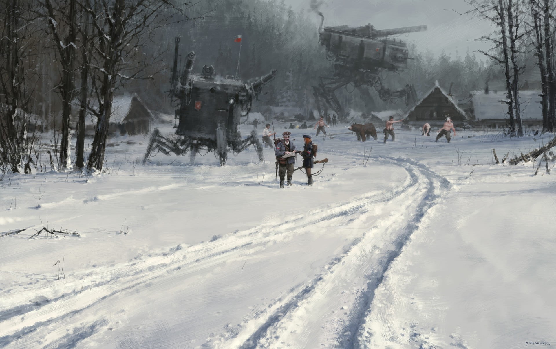 science fiction, digital, concept art, artwork, machine, Jakub Różalski, 1080P, Iron Harvest, futuristic, men, HD Wallpaper