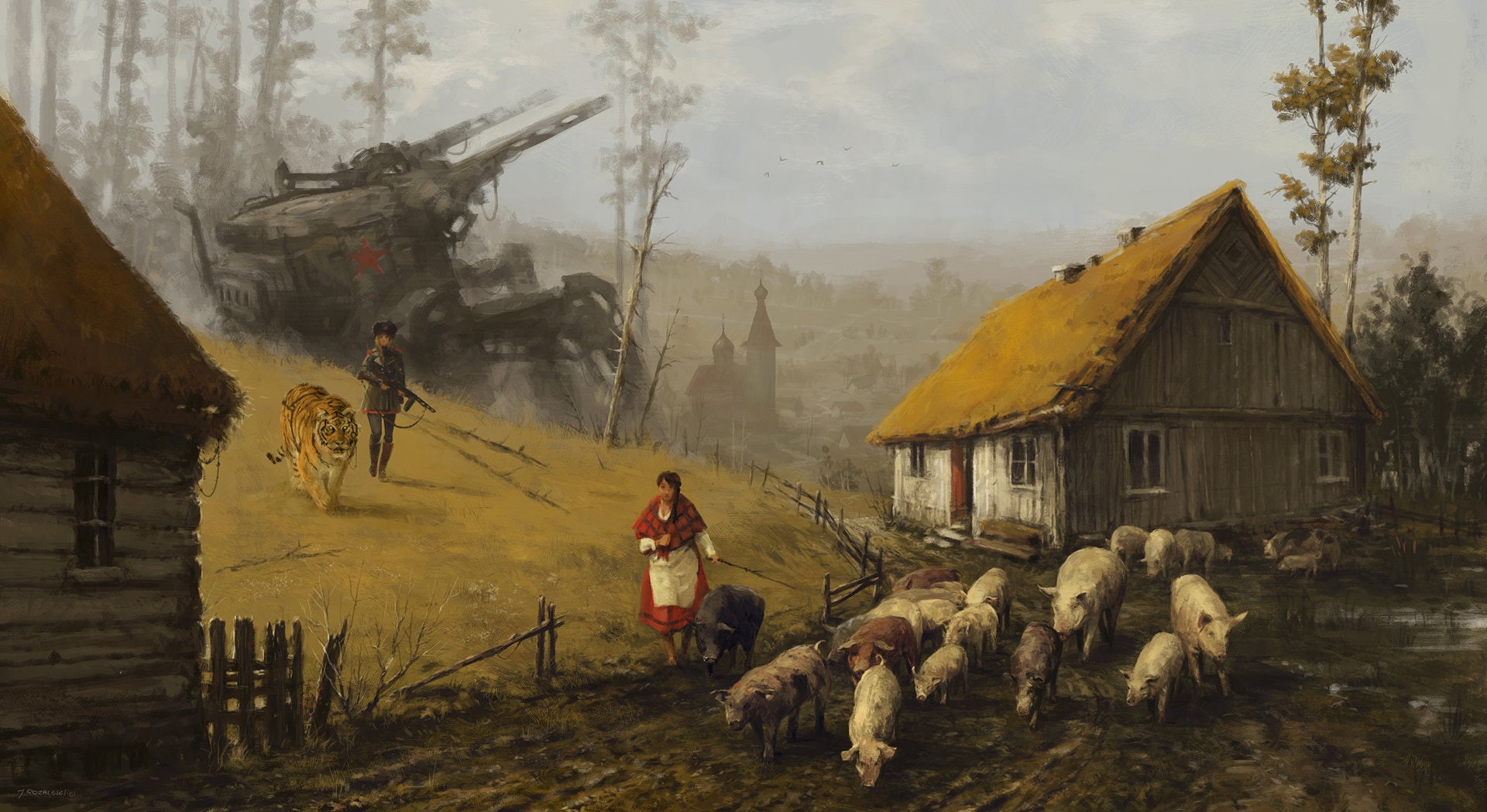 soldier, robot, women, animals, house, Jakub Różalski, Iron Harvest, painting, village, 1080P, tiger, HD Wallpaper