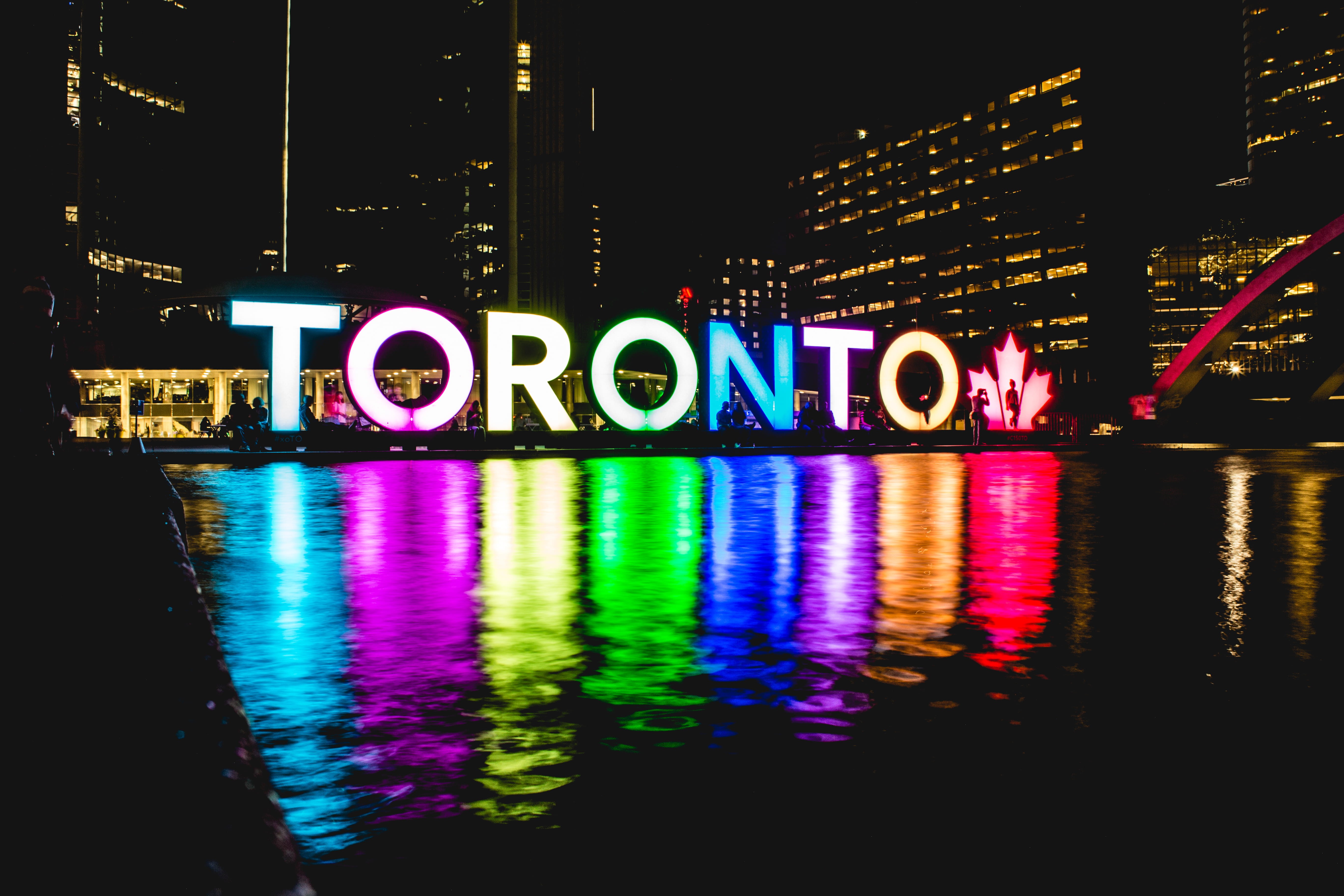 toronto, building exterior, built structure, no people, nature, multi colored, western script, lights, arts culture and entertainment, night, glowing, mirror, HD Wallpaper