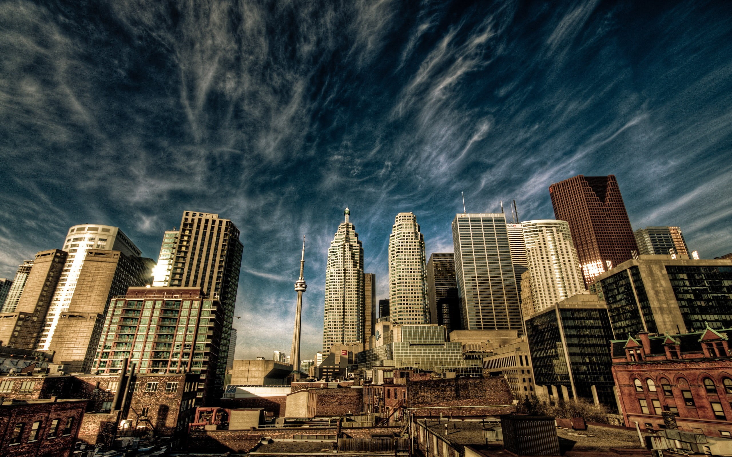 2K, architecture, urban skyline, no people, landscape, office, office building exterior, Ontario, spire, HDR, sky, cloud - sky, residential district, Canada, HD Wallpaper