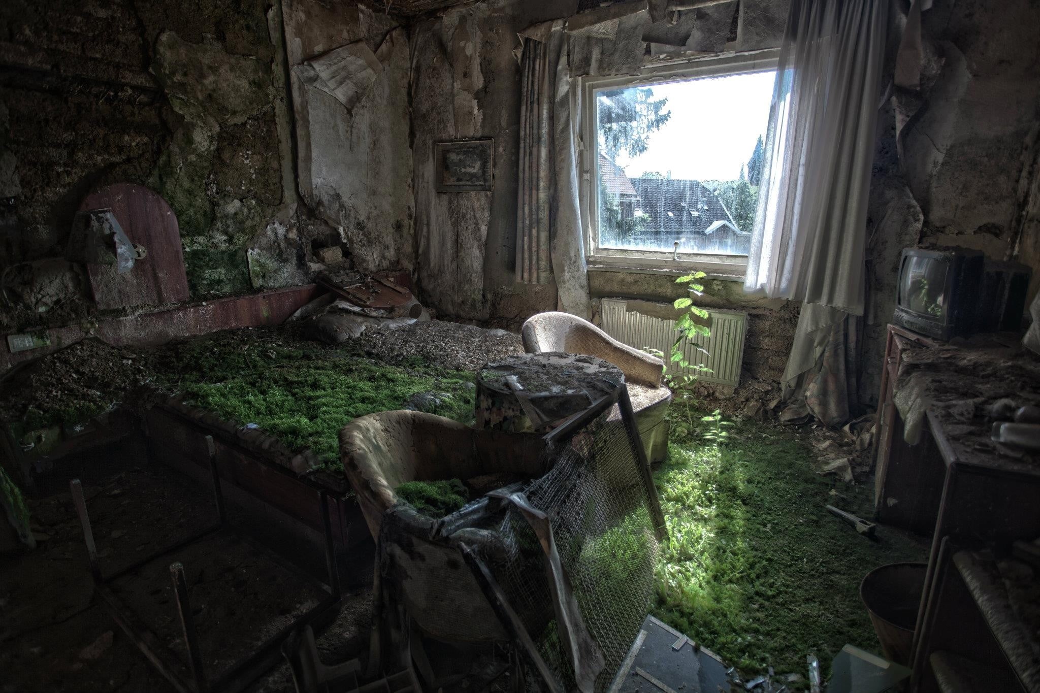 messy, deterioration, 1080P, day, ruined, window, built structure, abandoned, house, no people, history, sod, green, bad condition, architecture, obsolete, HD Wallpaper