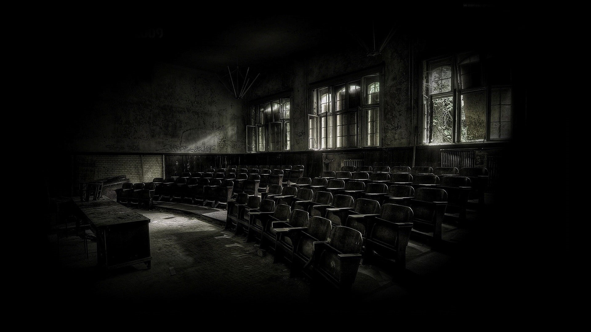 stage, religion, ruins, building, history, dark, no people, arrangement, the past, order, in a row, architecture, abandoned, built structure, seat, large group of objects, HD Wallpaper