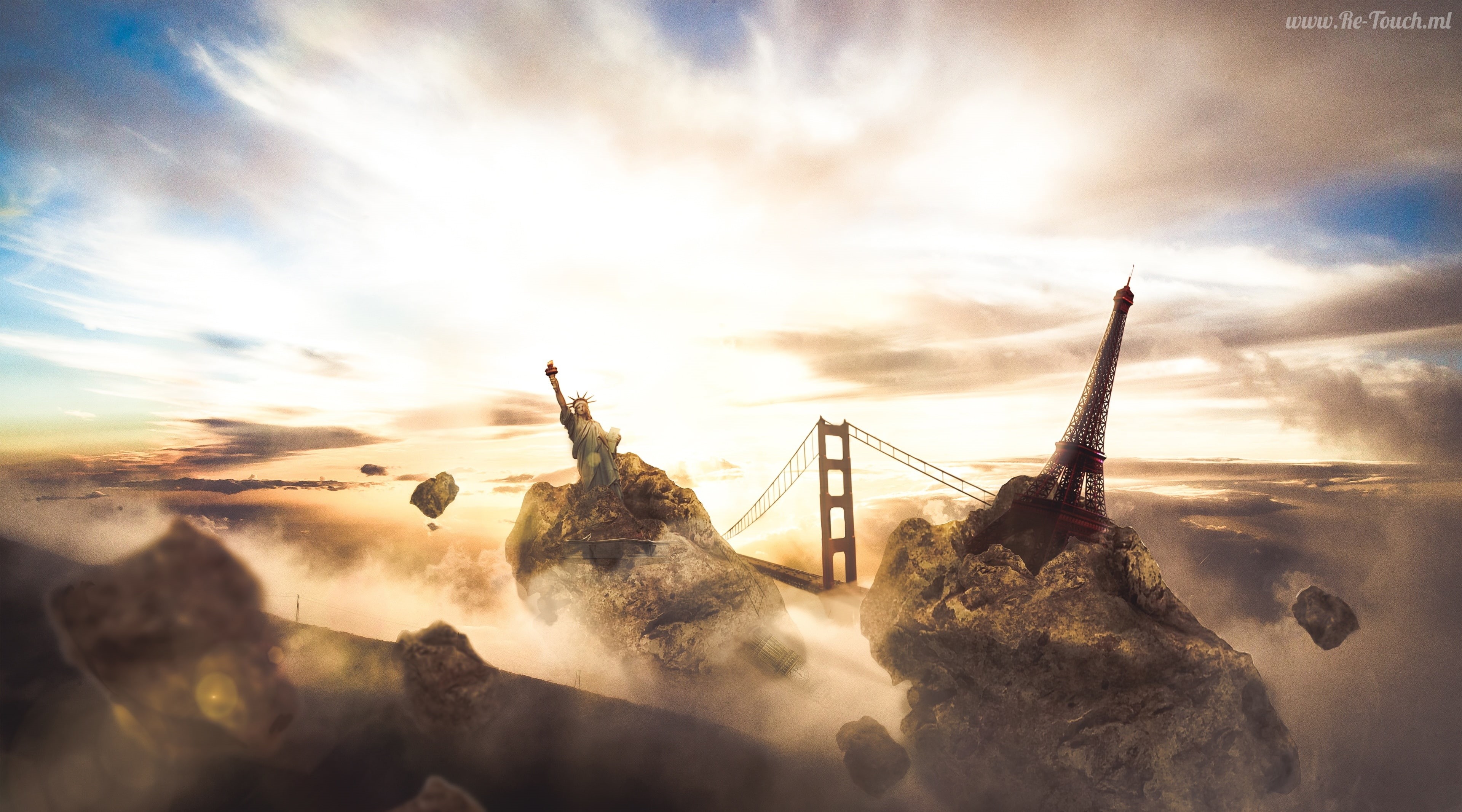 fantasy, cloud - sky, sunlight, clouds, floating, panoramic, end of world, photoshop, landmarks, concept art, islands, shattered, eiffel tower, sky, mist, HD Wallpaper