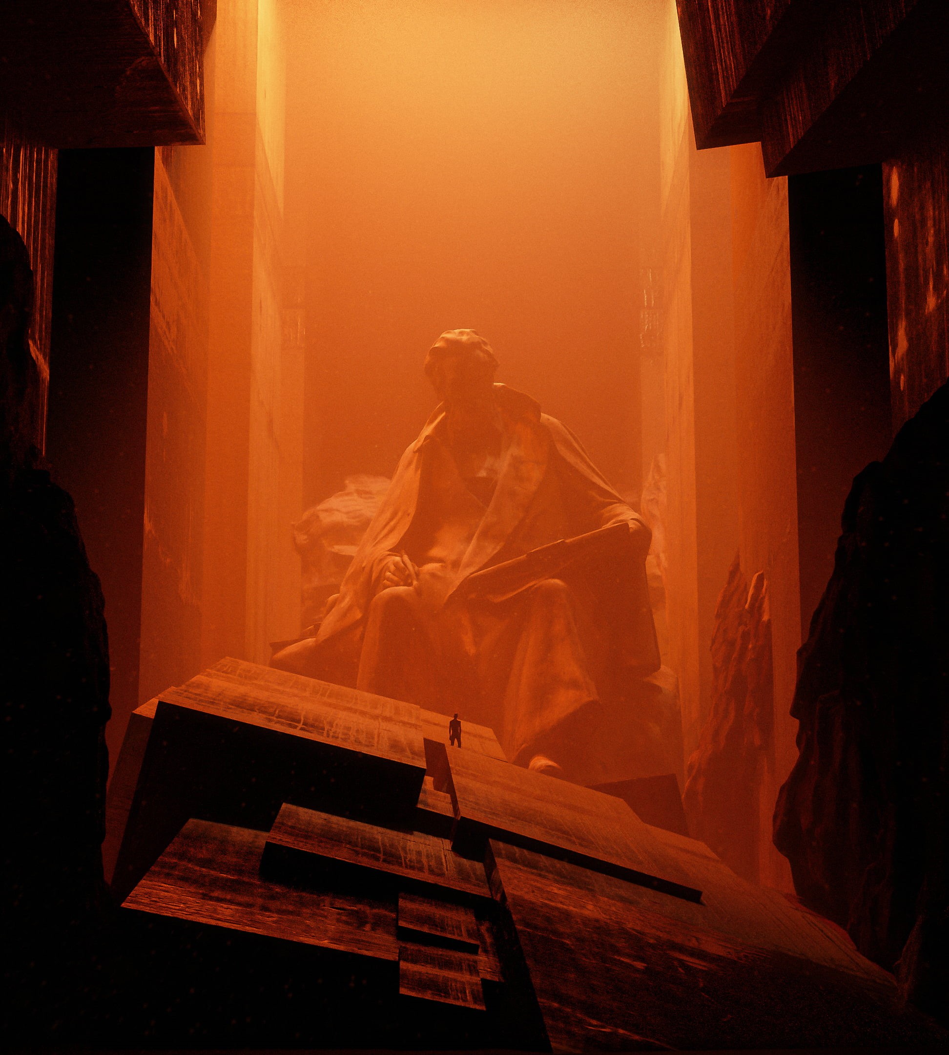 artwork, orange background, statue, 1080P, digital art, dystopian, Phone HD Wallpaper
